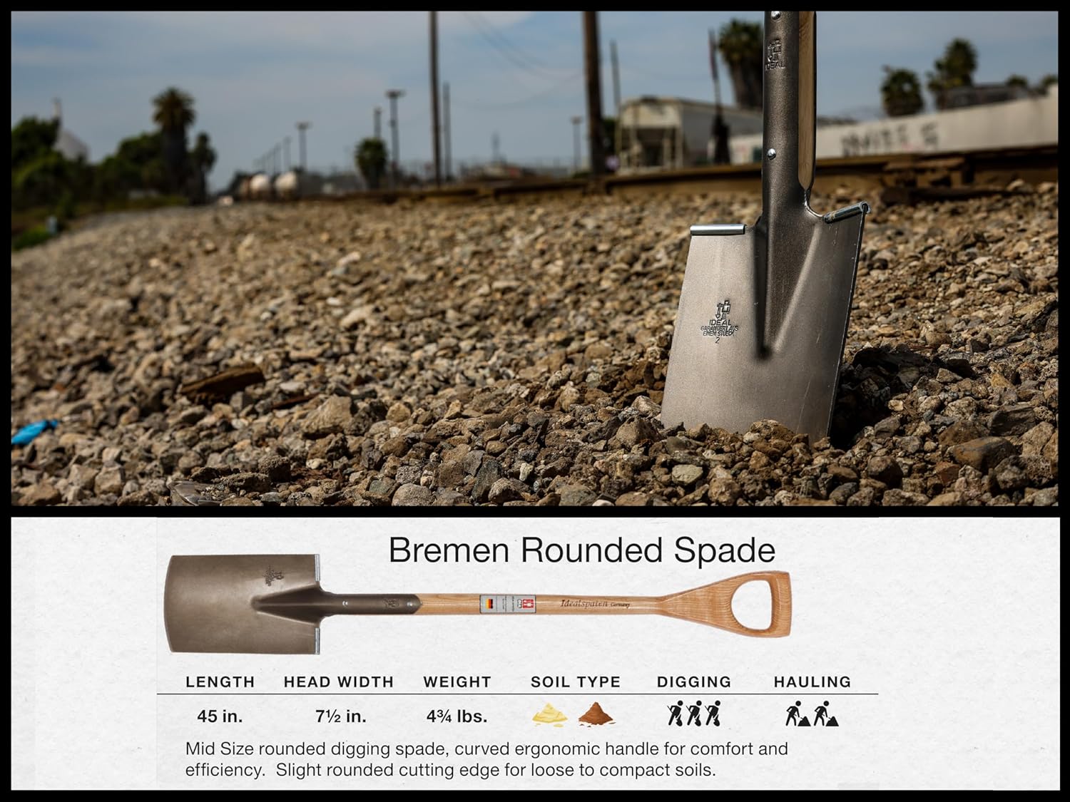 IDEALSPATEN - Made in Germany Since 1899 - Bremen Rounded Spade - Professional Midsize Spade for Digging, Ash D Handle 5.75lb - 45 in (Bremen)#IS120
