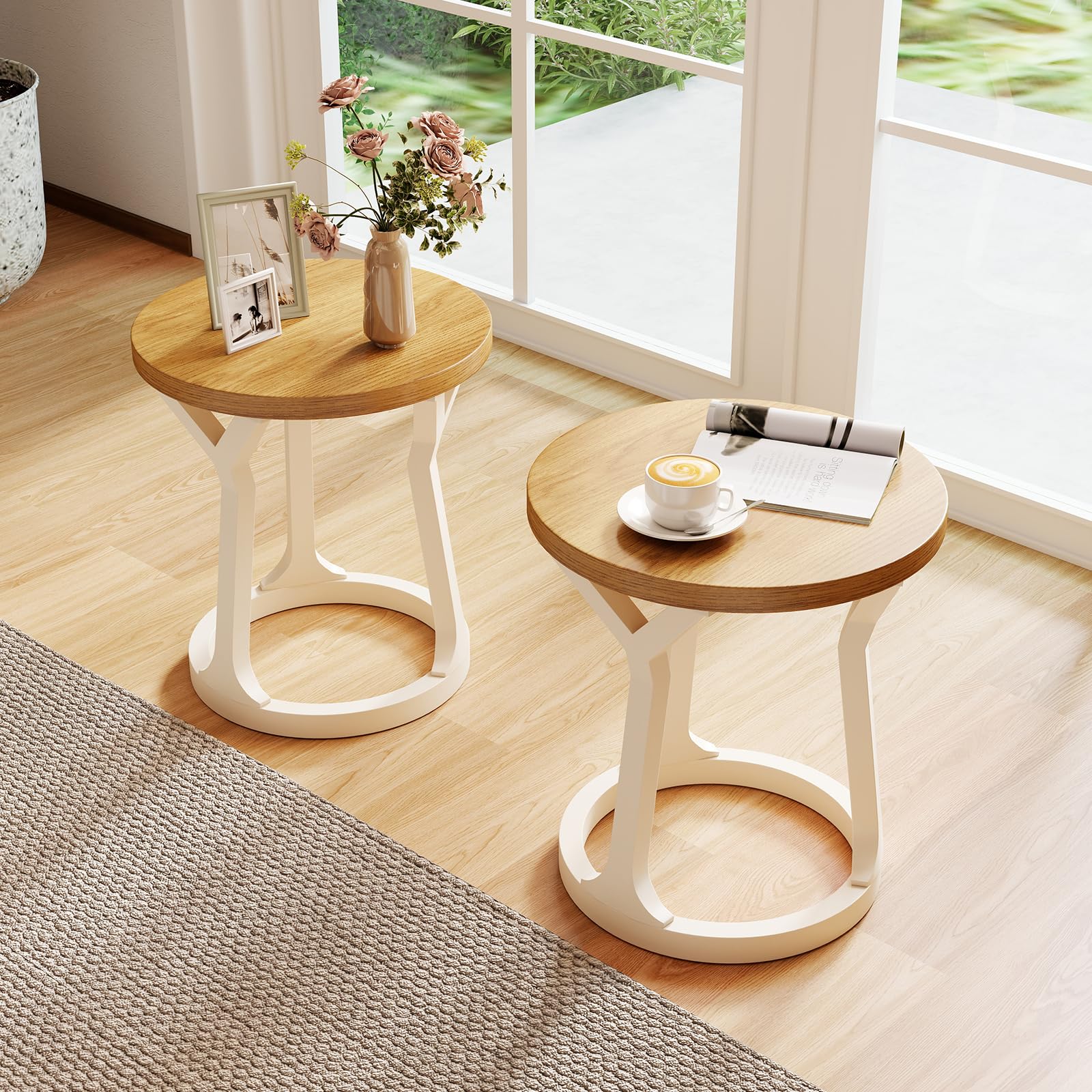 Kinfant Accent Side Table - Vintage Wood End Table Sofa Table with Bottom Shelf for Living Room, Bedroom, Office (2-Pack-White and Brown)