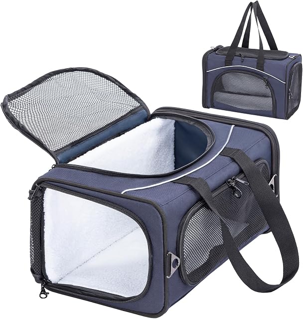 Petsfit Airline Transporteur d'animaux de compagnie approuvé pour les petits chats, 16,5x8,6x11 TSA Transporteur agréé, avec revêtement amovible à deux volets (2-Way Placement) - S'adapte sous la plupart des sièges d'avion, preuve de fuite (naveau)