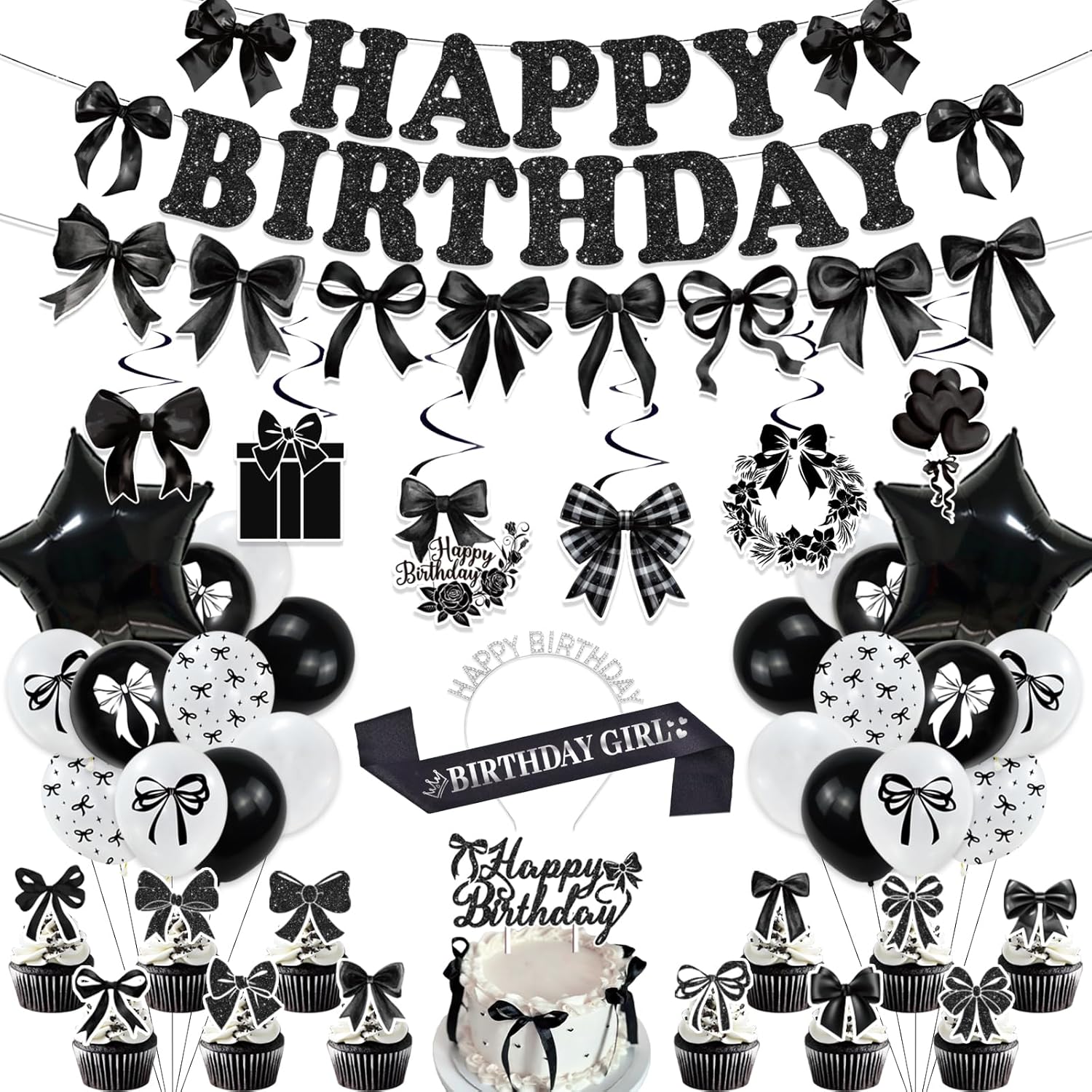 Black Bow Birthday Party Decorations Girl Bow Themed Party Decorations Include Happy Birthday Banner Hanging Swirls Balloons Cake Toppers for Girls Baby Shower Bridal Shower Bachelorette Party Decor