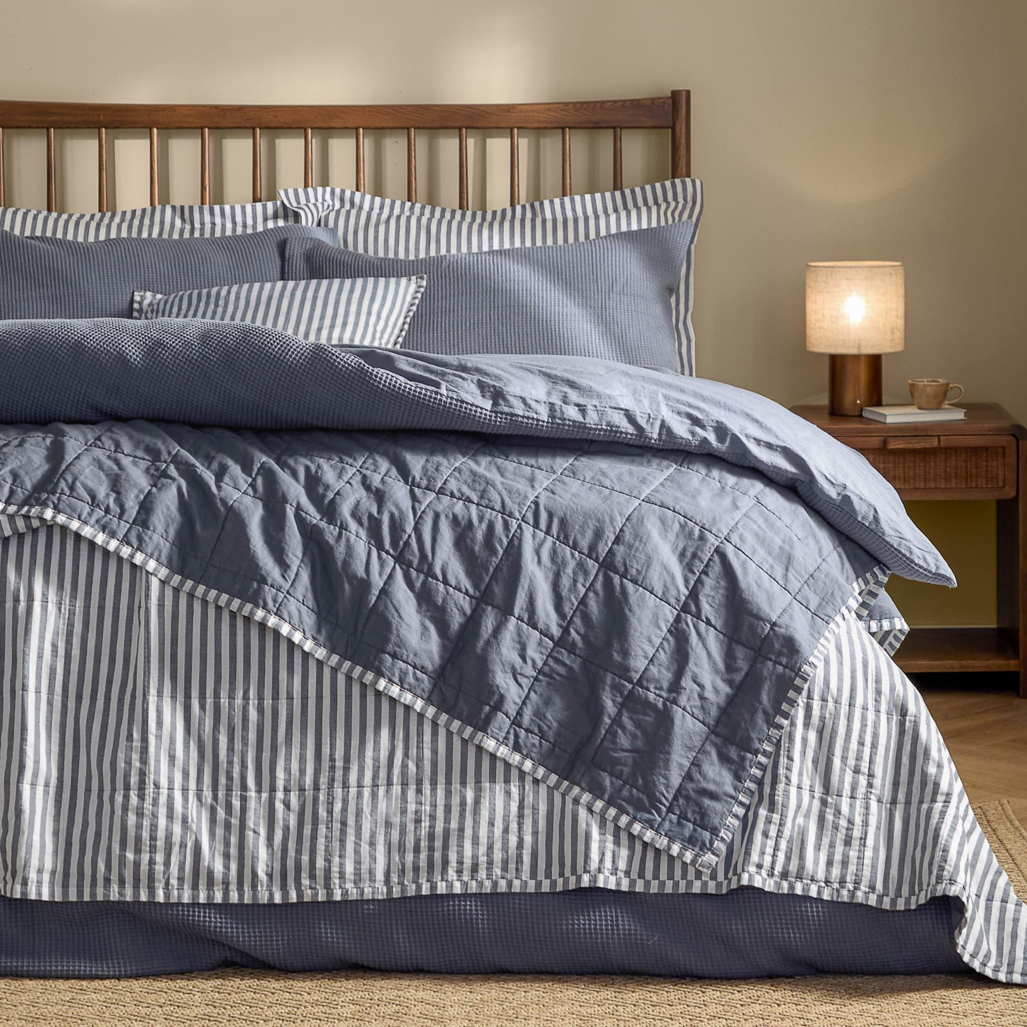 Yard Hebden Stripe Quilted Bedspread – Reversible Textured Soft Cotton Coverlet (Navy/Denim Blue – 150x200cm)