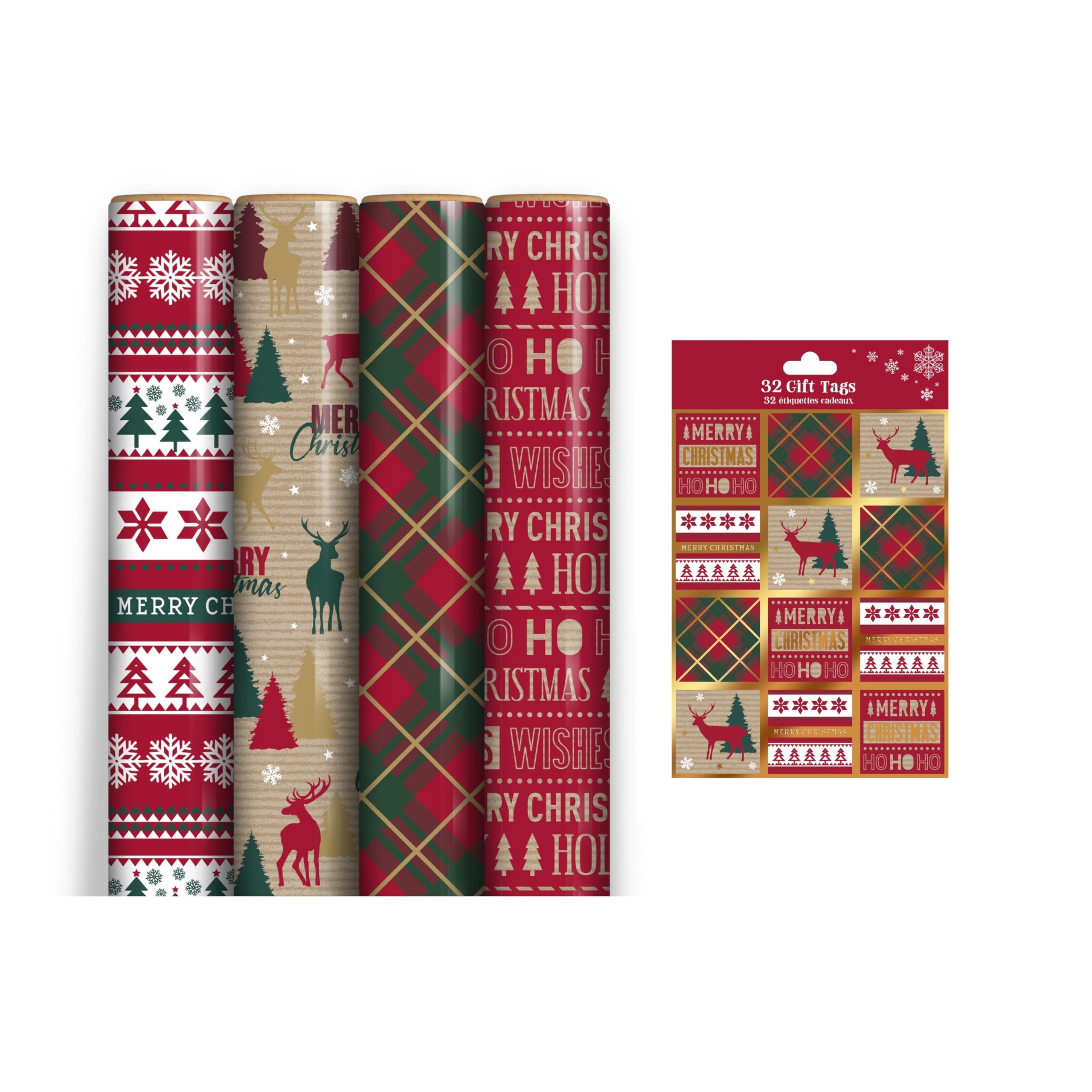 4 x 7M Rolls Of Christmas Wrapping Paper - Tartan Kraft Designs - Festive Wrap - Red Scrips, Kraft Effect Reindeer, Festive Scandi, Red Green Tartan - Complete With 32 Matching Tags