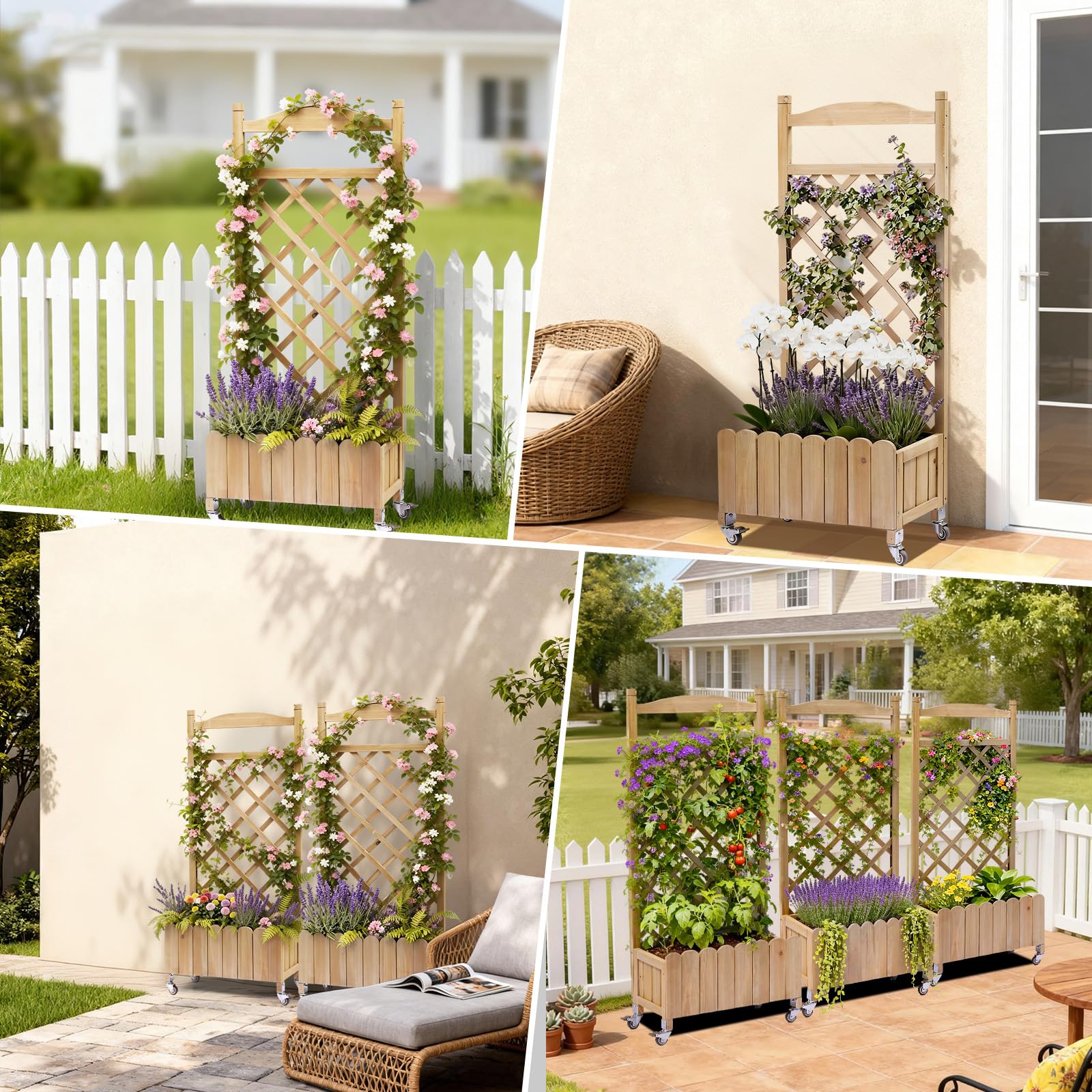 Fioriera in legno con grigliato e ruote, rialzata, resistente alle intemperie con fori di drenaggio, per giardino, balcone e terrazza, 49 x 28 x 116 cm – Marrone chiaro
