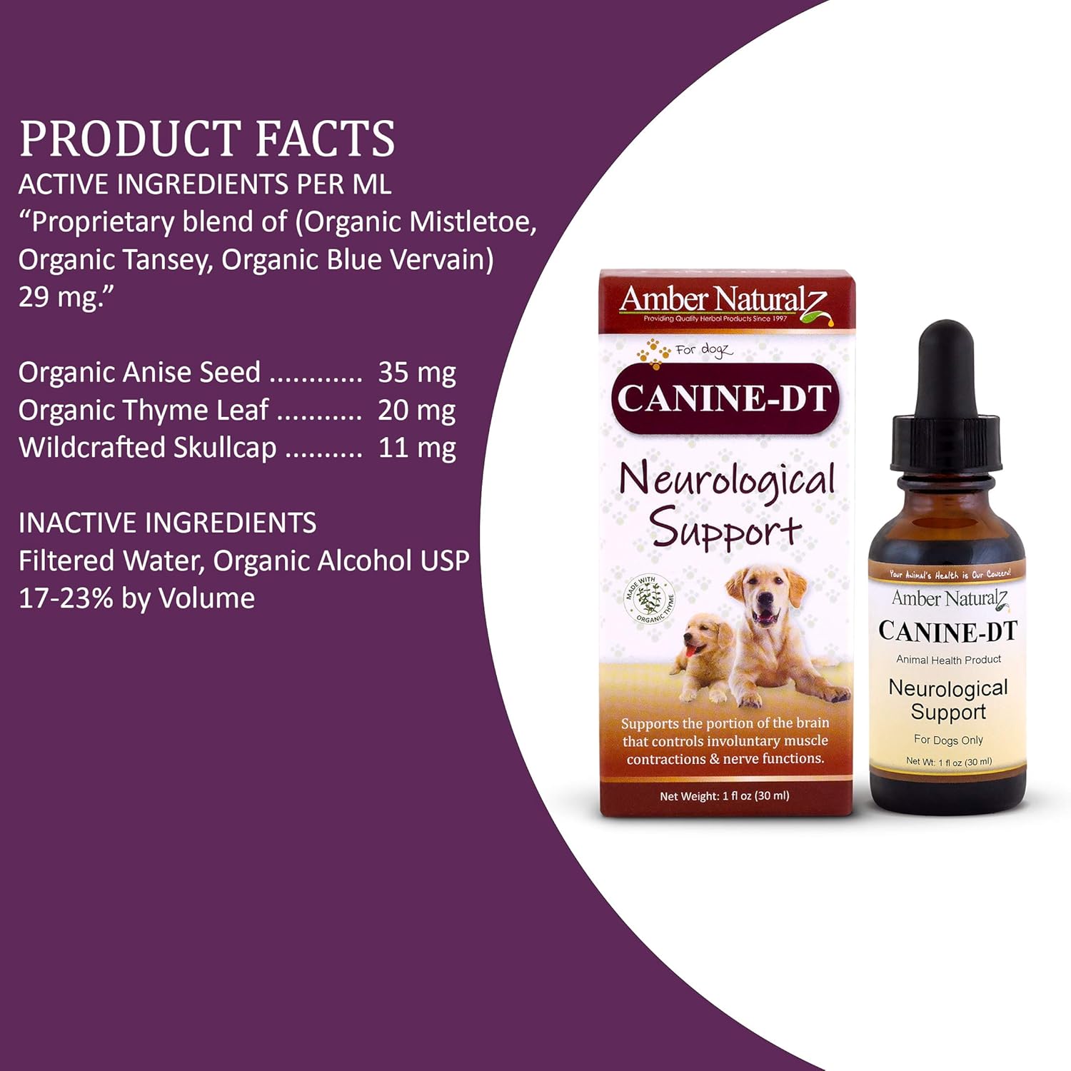 Amber NaturalZ Canine DT Herbal Supplement for Dogs | Canine Supplement for Muscle, Nose, Paw Pad, Nerve, and Neurological Support | 1 Fluid Ounce Glass Bottle