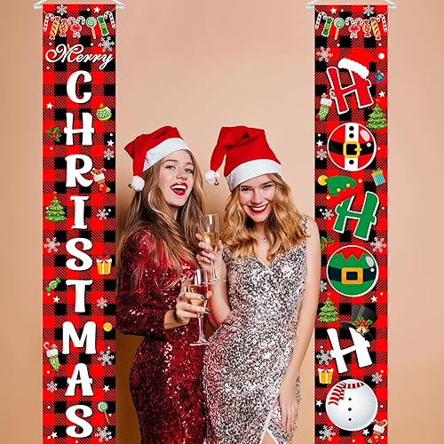 Miniatura 5 de Avezano Decoraciones de Navidad para exteriores, pancarta de puerta de Navidad a cuadros de búfalo rojo, suministros de decoración de fiesta de