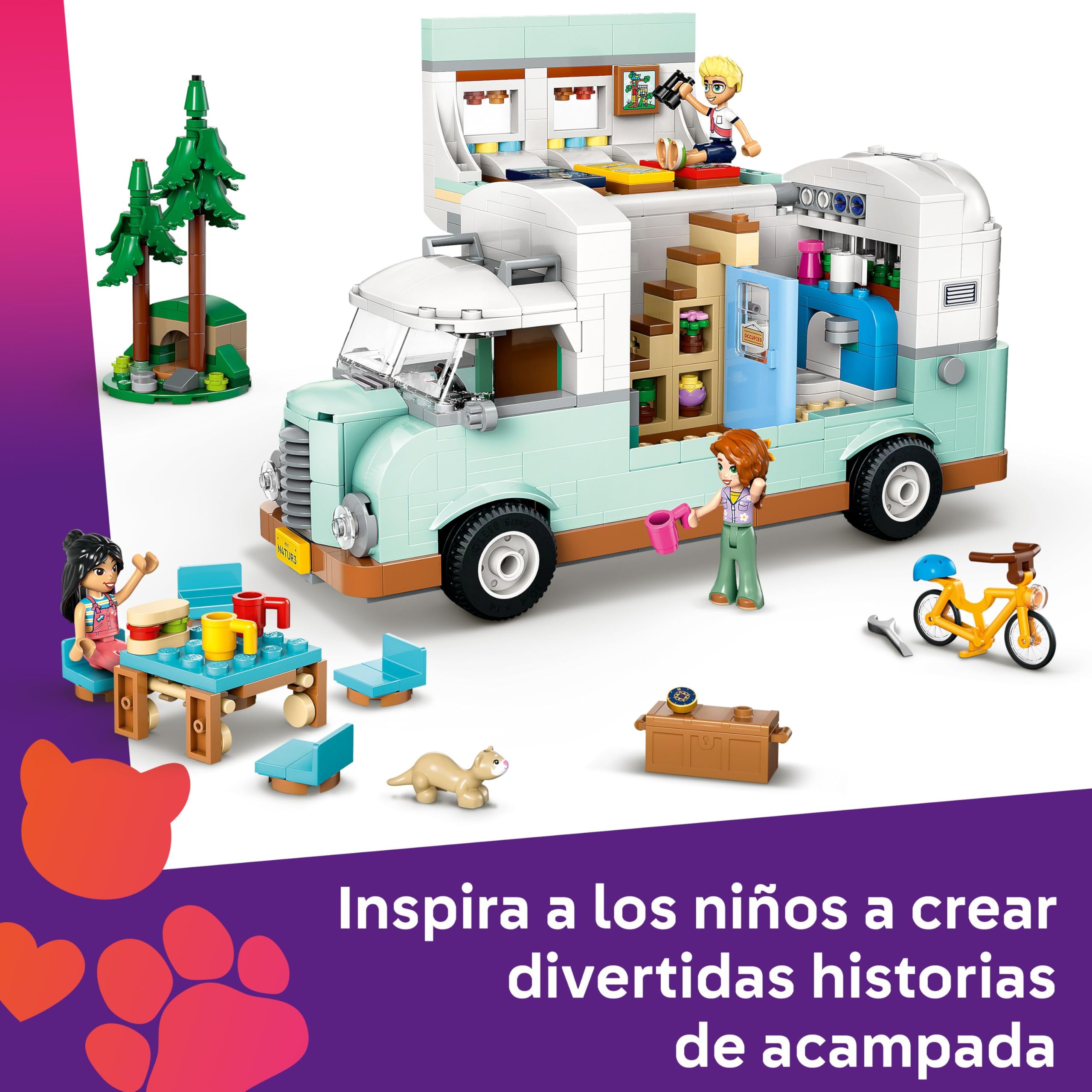LEGO Friends Aventura en la Caravana de la Amistad, Autocaravana de Juguete con 3 Mini Muñecos, Figura de Hurón, Regalo para Niñas de 7 Años o Más, Furgoneta Camper, Prismáticos y Más Accesorios 42663
