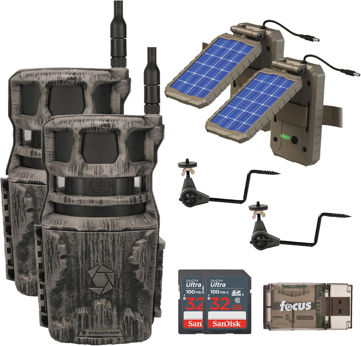 Stealth Cam Revolver 40MP Pro 360-Degree Cellular Trail Camera (2-Pack) Bundle with Solar Power Panel(2-Pack), Trail Camera Holder (2-Pack), 32GB Memory Card (2-Pack), and Card Reader (9 Items)