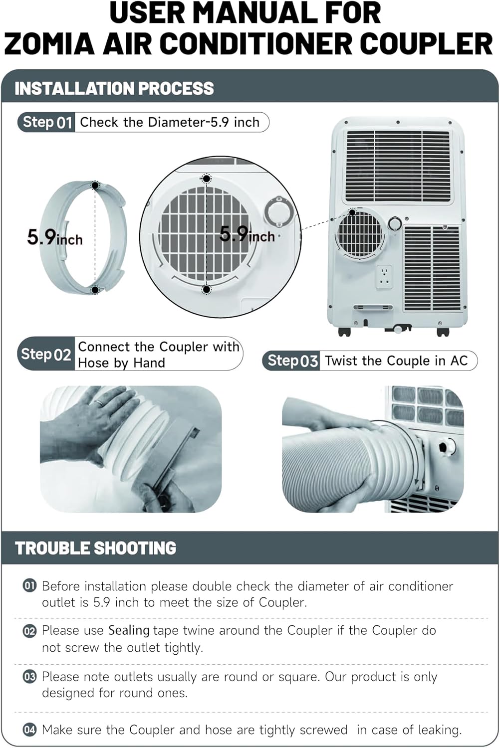Zomia Portable Air Conditioner Exhaust Hose Round Coupler 5.9 inch, AC Exhaust Hose Connector Accessories Compatible with LG Toshiba and More