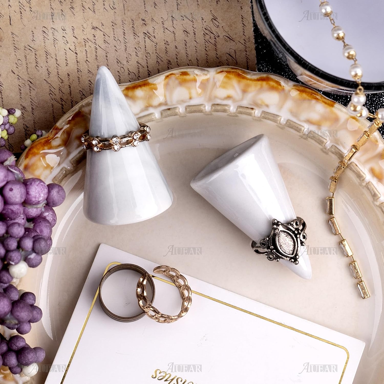 AUEAR, 2 Pack Modern Marble Ring Holder for Nightstand Ceramic Cone Tower Shape Decorative Display Stand for Men Women Jewelry