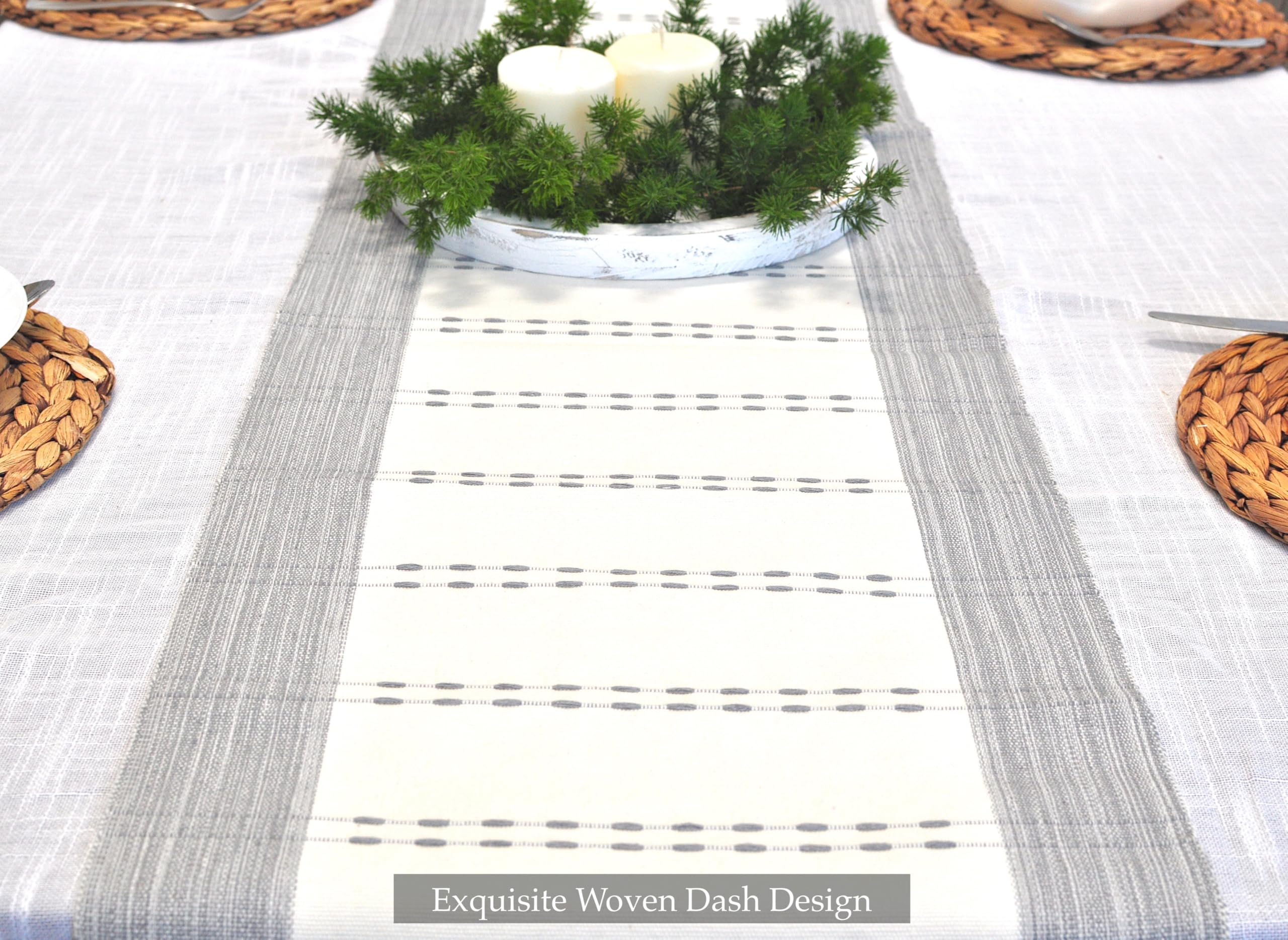 Camino de mesa tejido de algodón orgánico a rayas con flecos, tela rústica de granja, camino de mesa de comedor para cocina, mesa de buffet, bufanda de tocador, antideslizante, lavable, textura