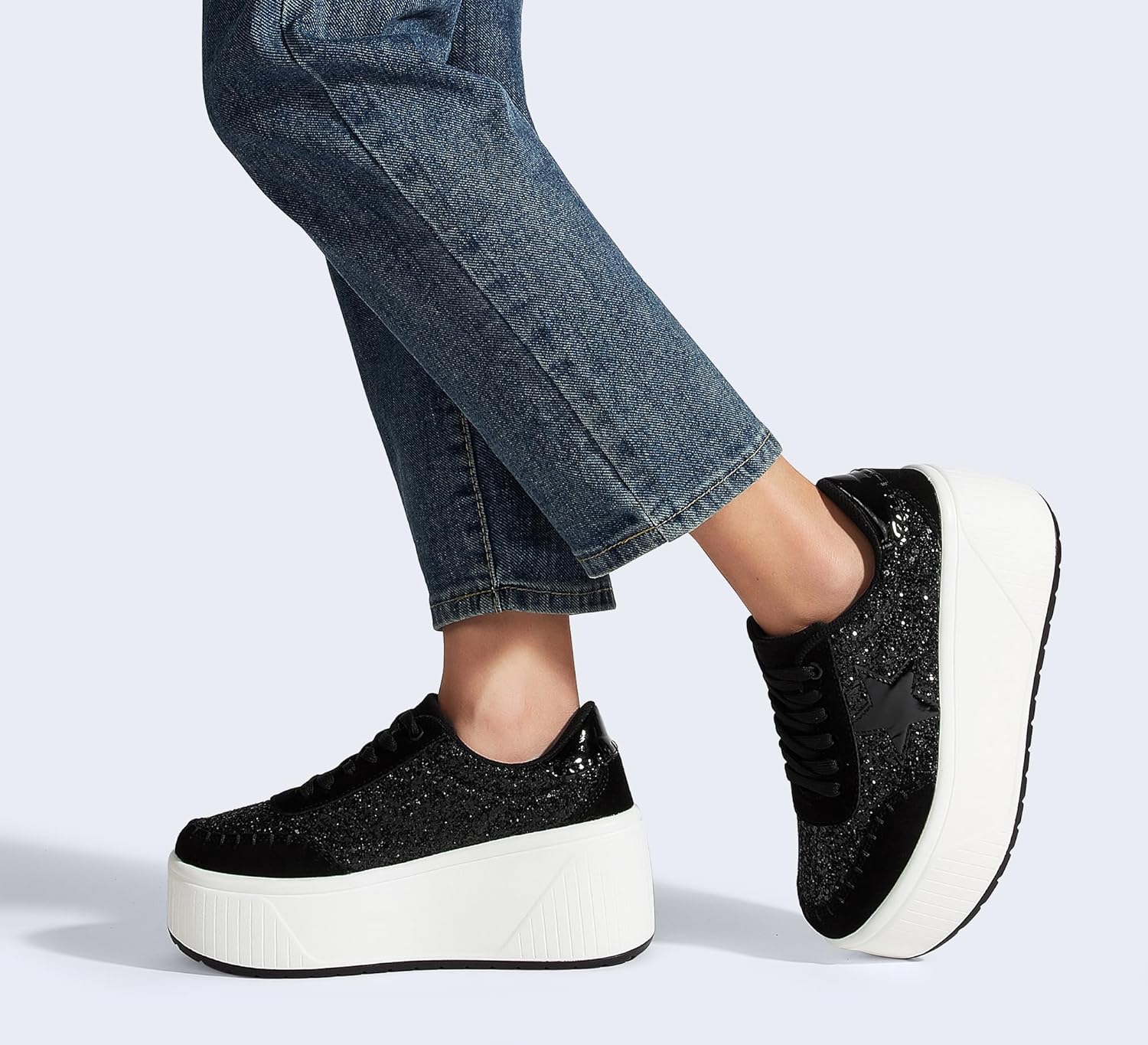 LUCKY STEP Women's Platform Chunky Sneakers Fashion Star Glitter Sparkly Wedge Walking Shoes High Heel Casual Shiny Thick Sole Footwear - Image 8