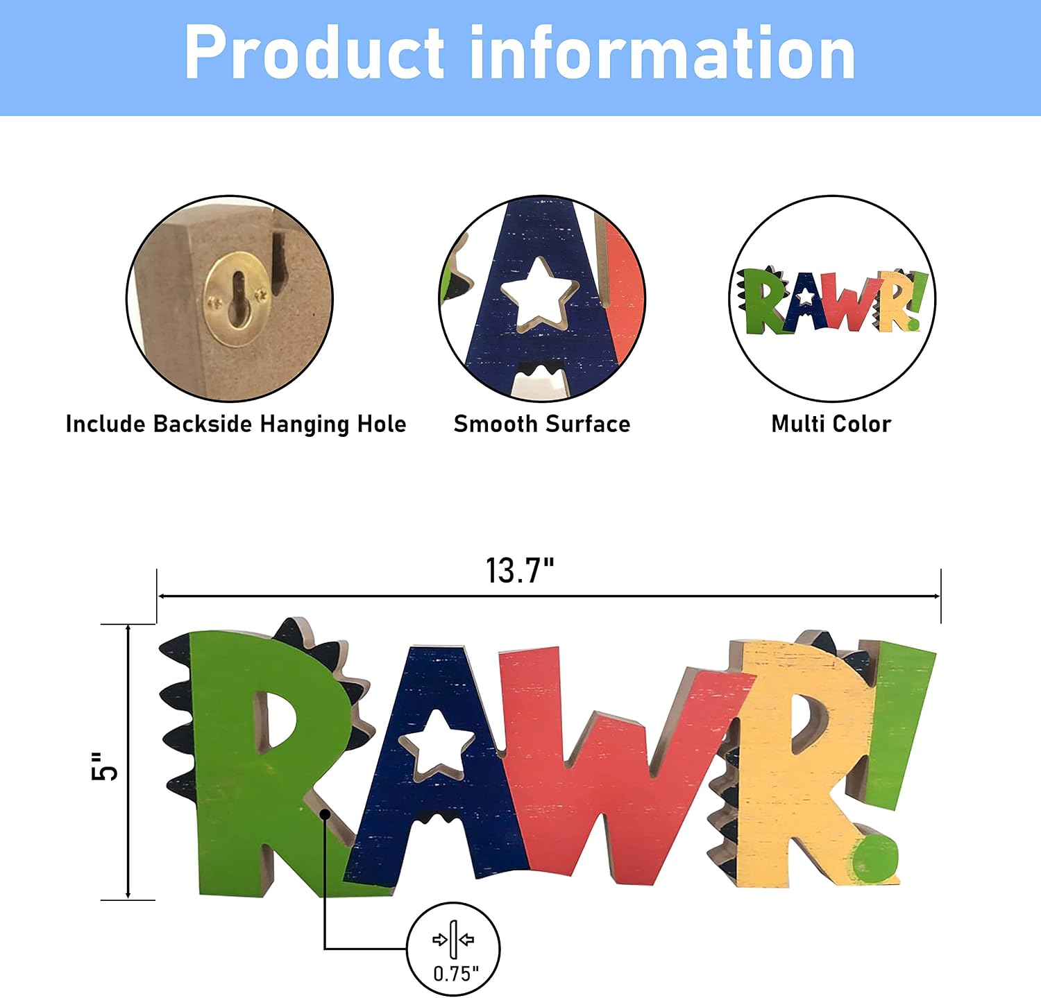 Rawr Dinosaur Room Wood Decor for Boys - Kids Decorations for Bedroom - Boys Nursery Room Wooden Wall Decor, Birthday Decoration Dinosaur Theme - Freestanding Multicolor Tabletop 13.7"