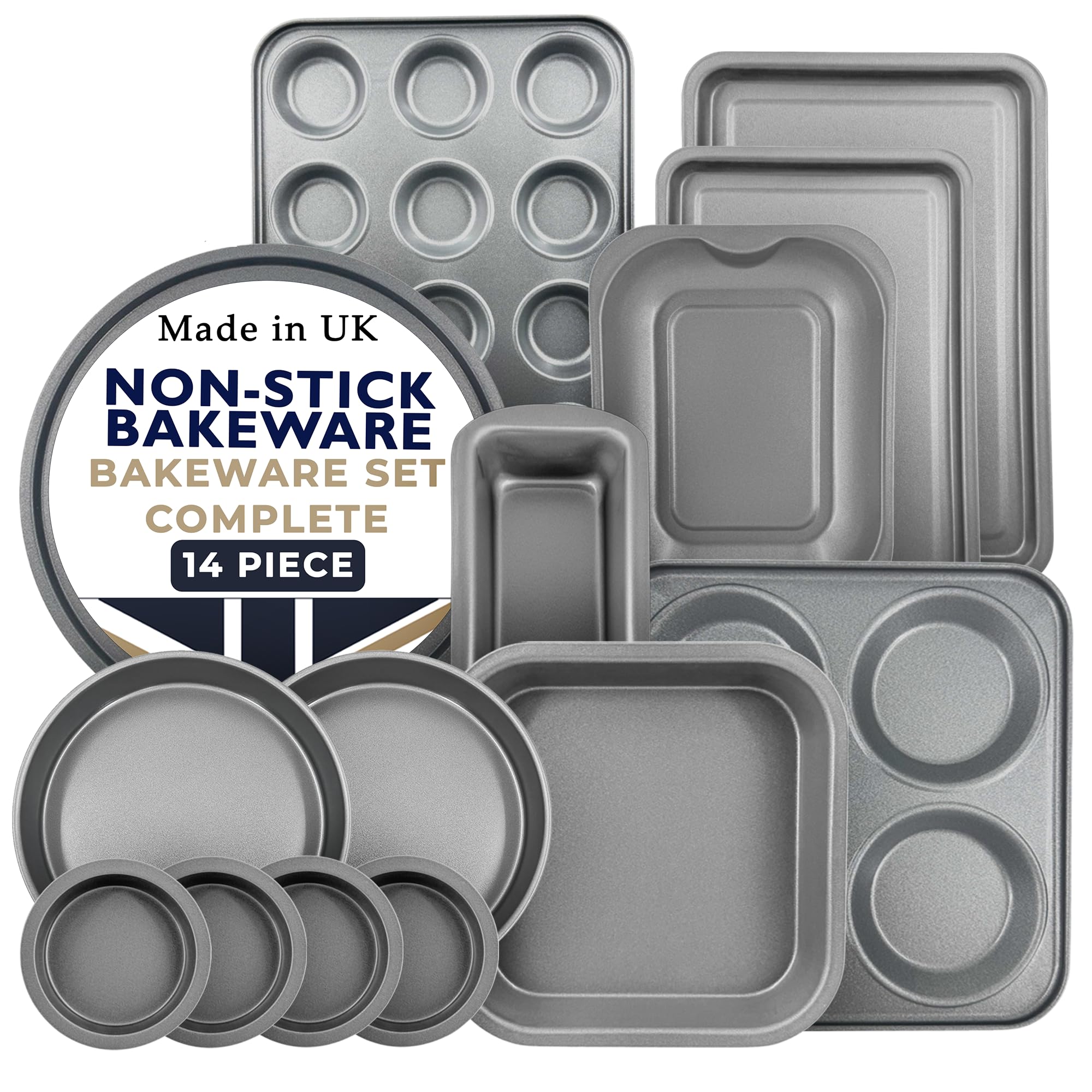 Great British Bakeware Premium 14 Piece Non Stick Bakeware Set – Airfryer Safe Dishwasher Safe, BPA and PFOA Free Ideal for Baking, Roasting, Grilling UK Made Student Starter Pack