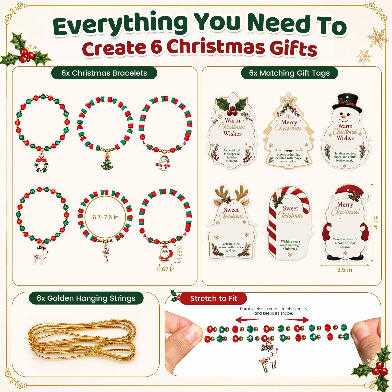 LovesTown 6PCS Christmas Bracelets with Wish Cards, Beaded Charm Gift Set