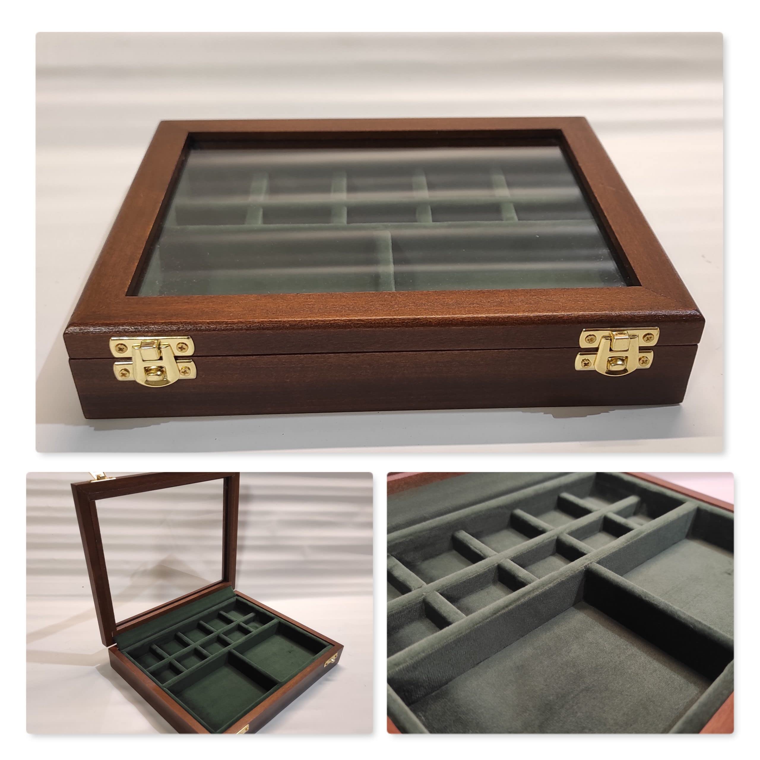 Expositor de Madera y Cristal para Monedas, fósiles y Conchas, 12 Compartimentos, Caja coleccionista Artesanal Hecha a Mano, numerada, con Certificado de autenticidad