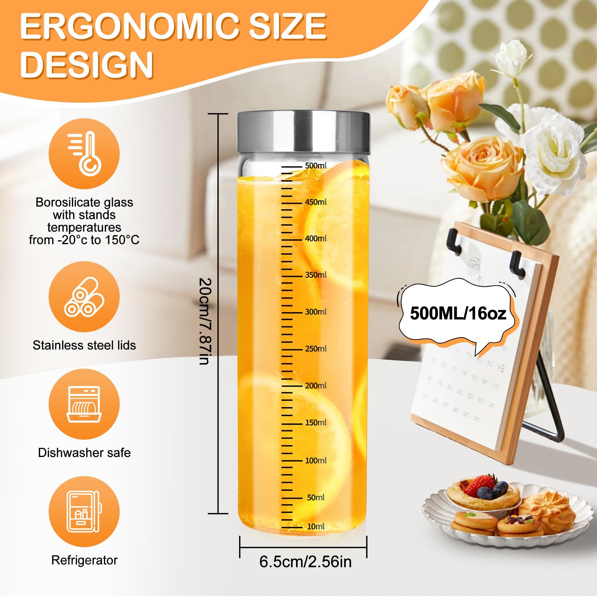 Lot de 4 bouteilles en verre graduées de 500 ml, gobelets à smoothie avec couvercle en acier inoxydable, bouteilles d'eau en verre réutilisables, adaptées aux smoothies, jus, lait, café