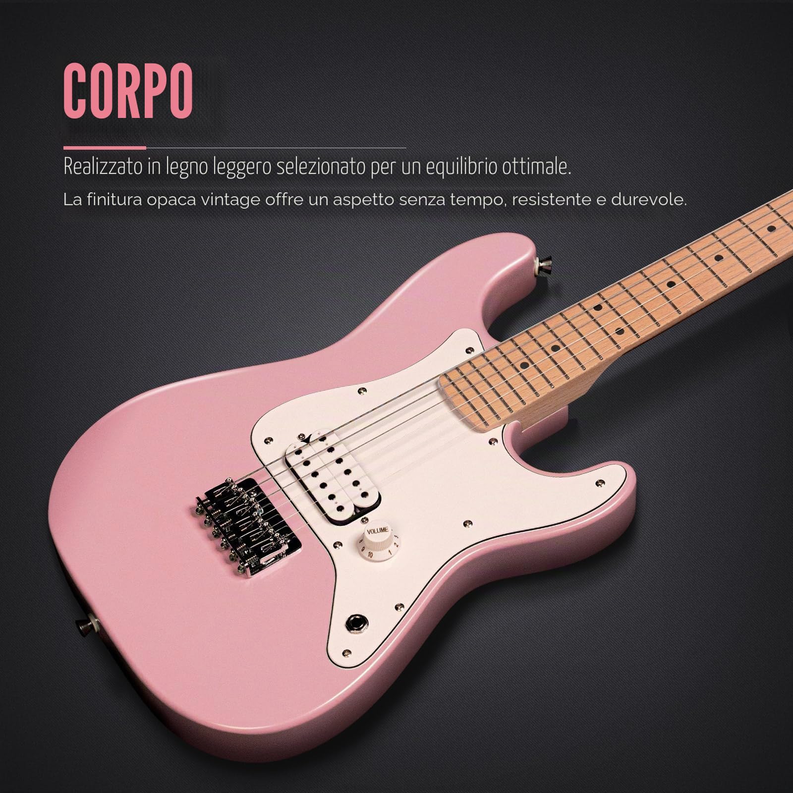 SONICAKE Chitarra Elettrica 30" per Principianti, Corpo in Legno Massello con Pickup Humbucker, Manico e Tastiera in Legno di Un Pezzo QGT-50 (Rosa)