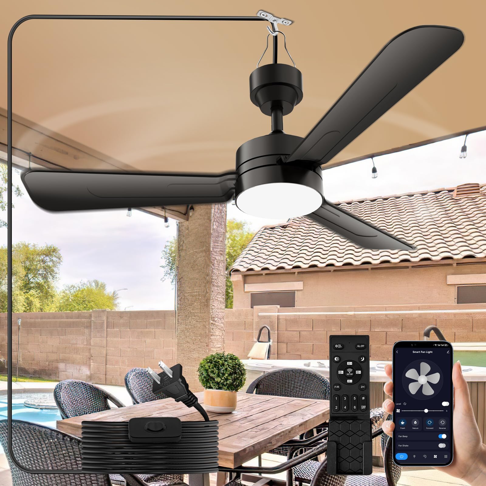 Ceiling Fans with Lights,36" LED Fan Light Hanging with Hook,Plug in Ceiling Fan Light,Hook Type Ceiling Fan,40W,3000-6500k,Remote Control,Portable Fan for Camping Bed,Patios,(Black)