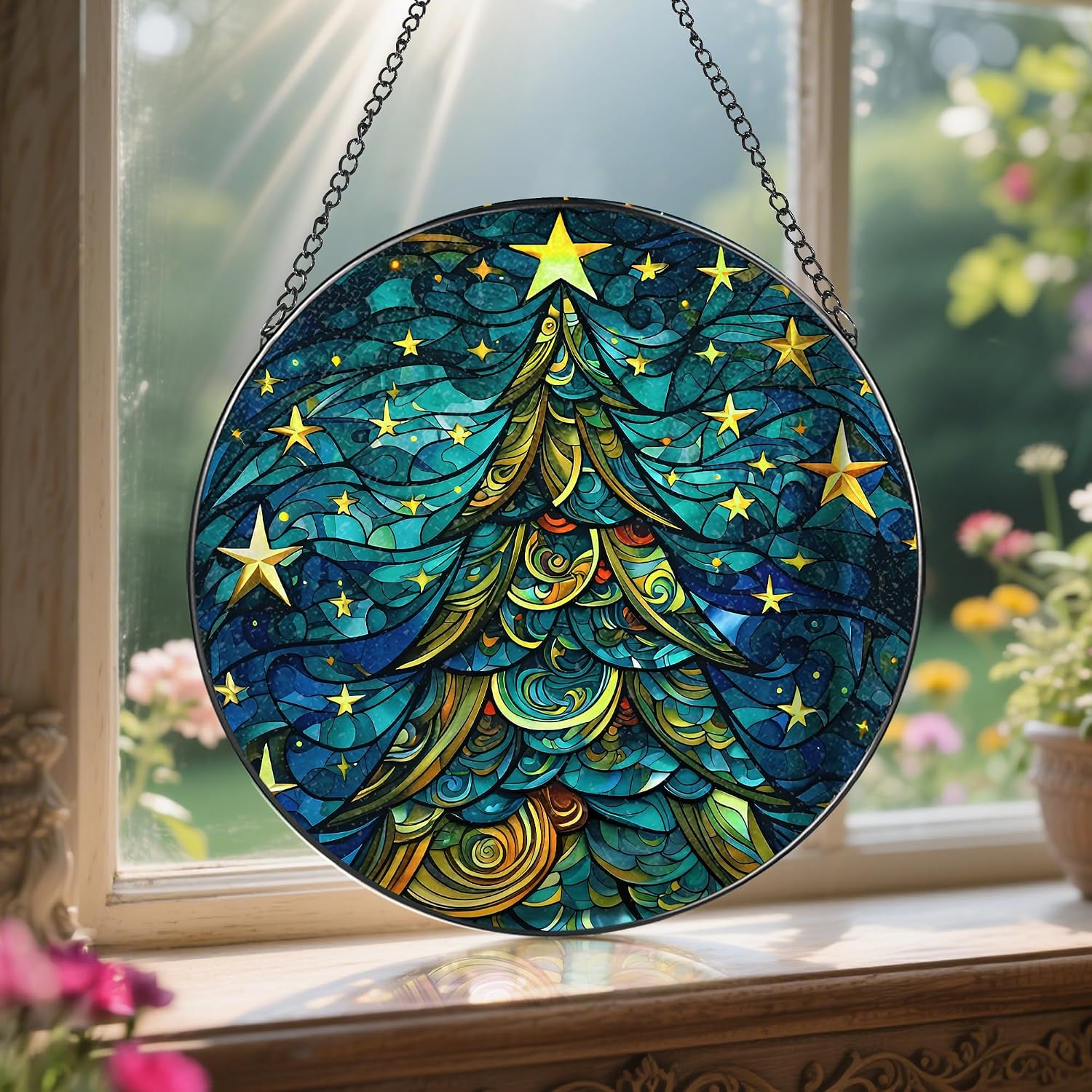 8-Inch Christmas Tree Suncatcher Ornament, Stained Glass Window Hanging & Stained Glass Holiday Ornament, Sun Catcher Window Decor — Keepsake Gift for Family, Coworkers & Friends, Gifts for Christmas image 5