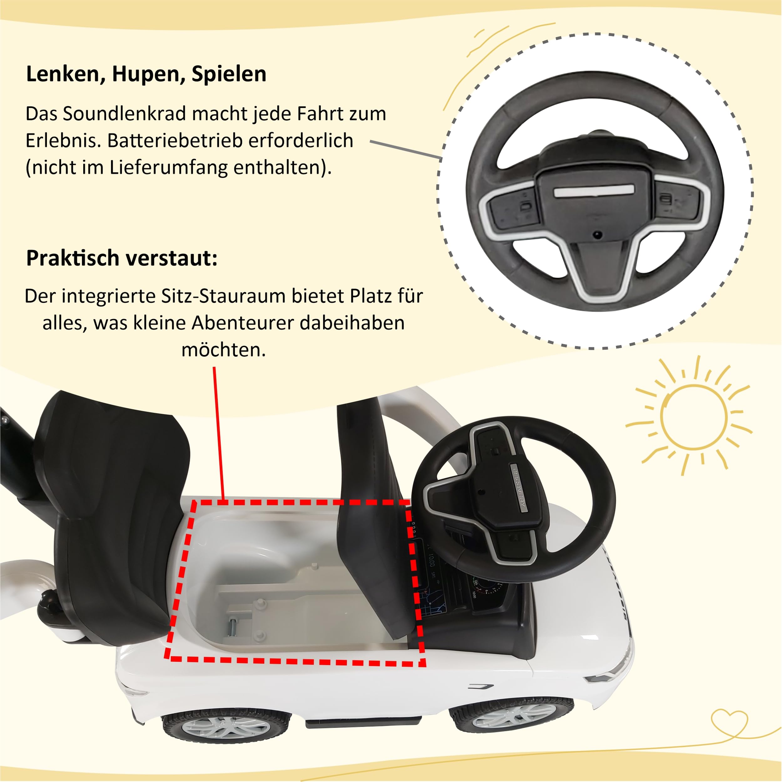 Lemodo Rutschauto ab 1 Jahr – Rutscherfahrzeug weiß Kinderfahrzeug mit Schiebestange und Sicherheitsbügel, Rutscherauto mit Staufach und Sound-Lenkrad, Lizenziertes Kinderspielzeug von Land Rover