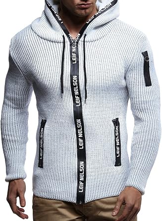 Leif Nelson Mens Full Zip Cardigan | Long-sleeved slim fit Knitwear | Basic casual full zipped winter hoodie for Men