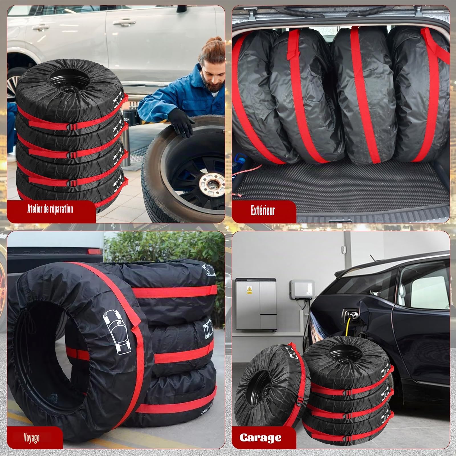 Lot de 4 Housses de Pneus de Secours de Voitur 18-22 In, Housse Roue de Secours de Rechange Universelle, Imperméable, Anti Poussière Neige, Housses de Protection de Roue Voiture avec poignée renforcée