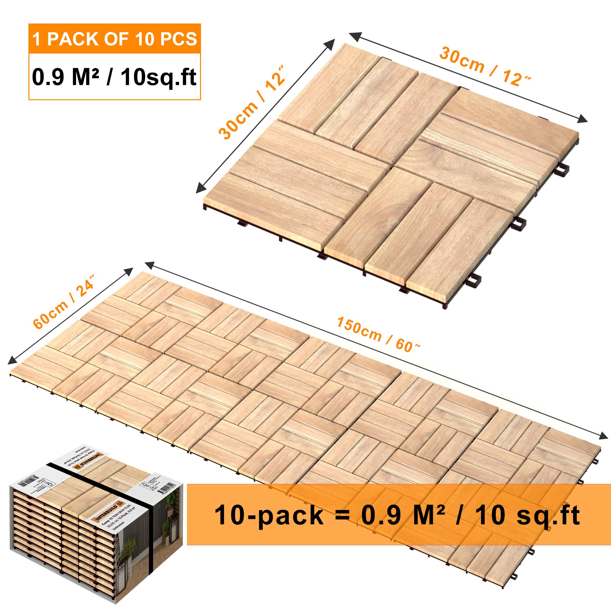 Interbuild Teak Hardwood Interlocking Patio Deck Tiles, 12" × 12" (Pack