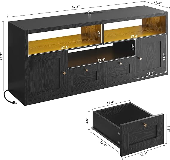 LIKIMIO TV Stand for 65 TVs, with 1 Thick Top, Modern TV Console with LED Lights & Charging Station & Storage, High-End Entertainment Center for Living Room and Bedroom, Black