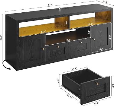 LIKIMIO TV Stand for 65 TVs, with 1 Thick Top, Modern TV Console with LED Lights & Charging Station & Storage, High-End Entertainment Center for Living Room and Bedroom, Black