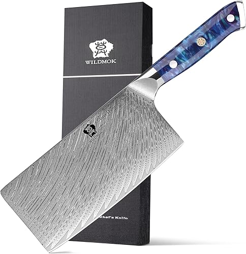 WILDMOK Cuchillo de carnicero profesional de acero Damasco de 7 pulgadas, mango de resina, hoja resistente para el hogar, cocina y restaurante