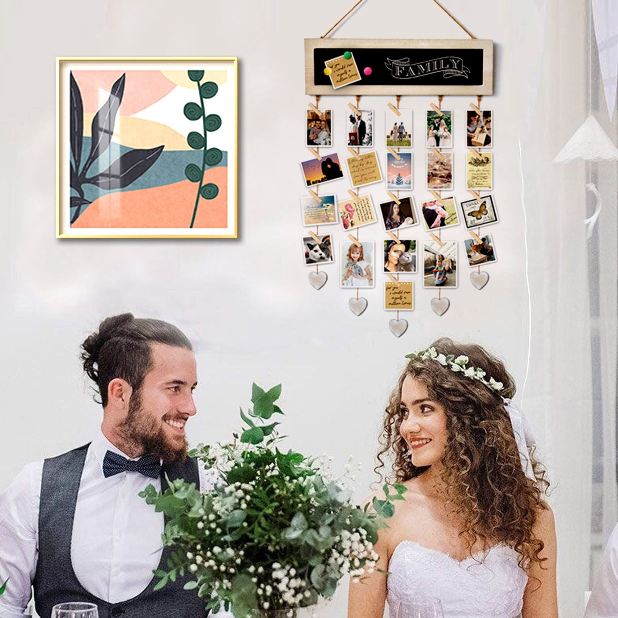 EXQUIDECA Picture Frames Collage Display Board with 30 Clips - Multi Photos Cards Organizer with Adjustable Twines and Magnetic Blackboard - DIY Wall Decor Hanging Picture Holder 15.7x5 Inches