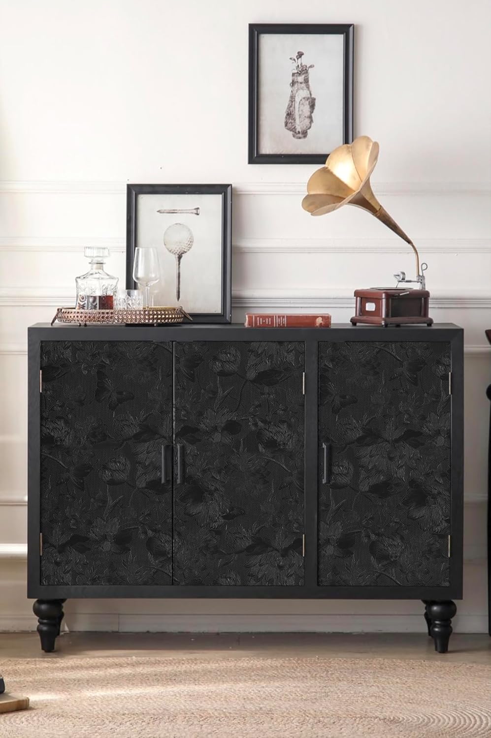 Black Peel and Stick Wallpaper Black Floral Wallpaper 15.7inch x 393.7inch Vintage Embossed Textured Contact Paper Embossed Self Adhesive Wall Paper for Cabinets Pure Flower Removable Vinyl