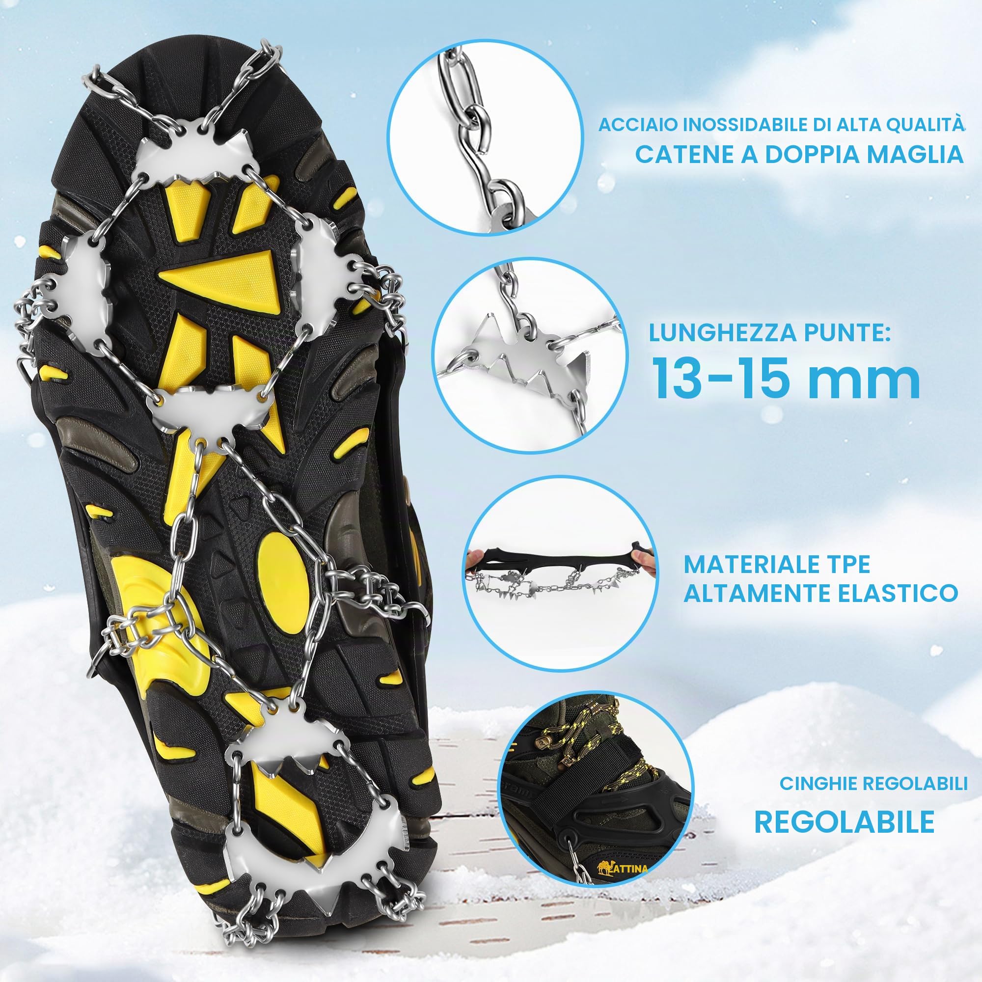 Ramponi per Scarponi, 24 Denti Ramponcini Inossidabile Picchi da Neve Ramponi, Ramponi da Ghiaccio per Trekking Escursionismo Campeggio Alpinismo Camminare su Neve e Ghiaccio