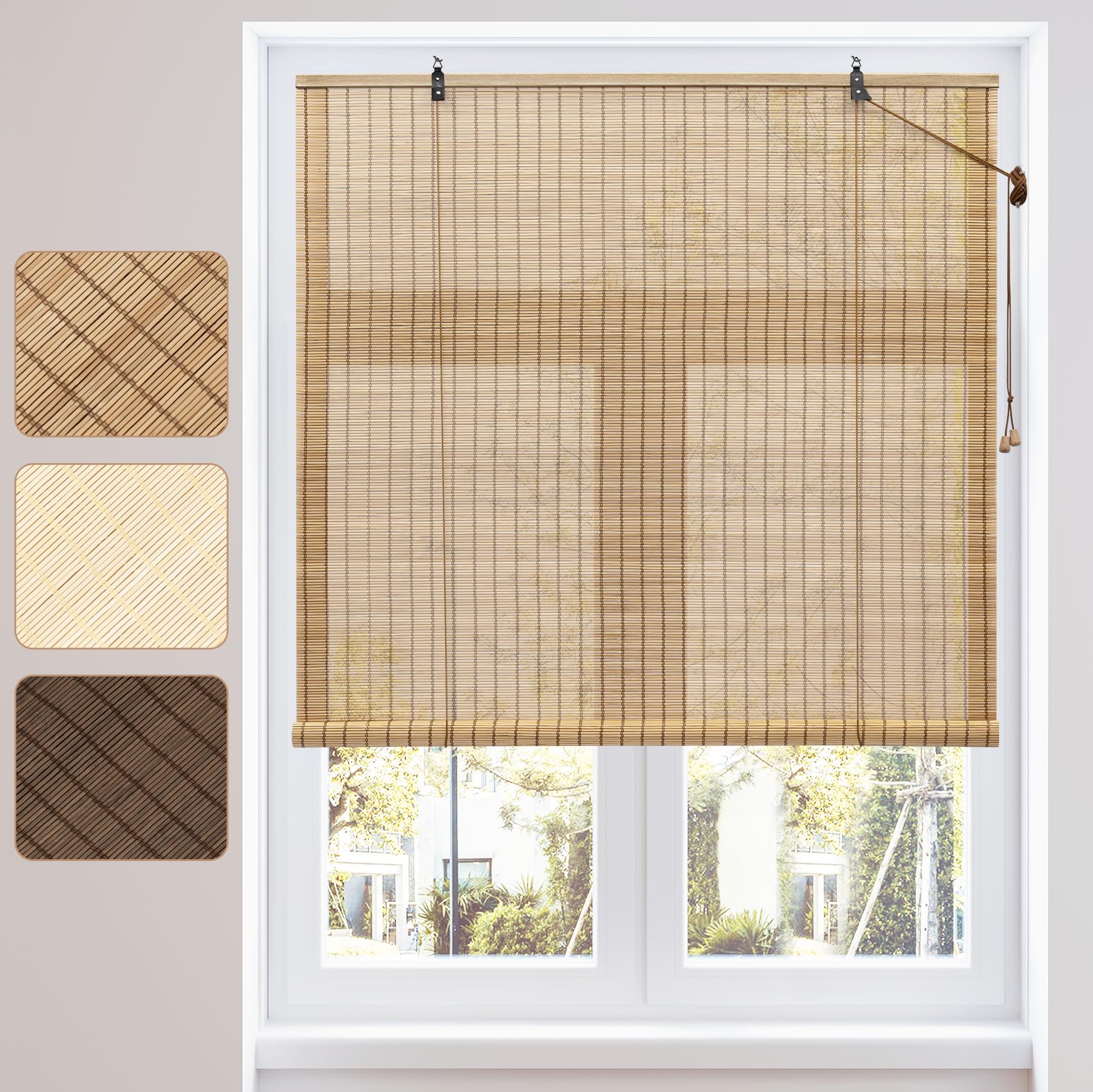 WOLTU Store Enrouleur Bambou, Protection Solaire, Store Vénitien en Bambou, Tirage Latéral, Occultant, Respirant, pour Fenêtre et Porte, Marron, 120x160 cm