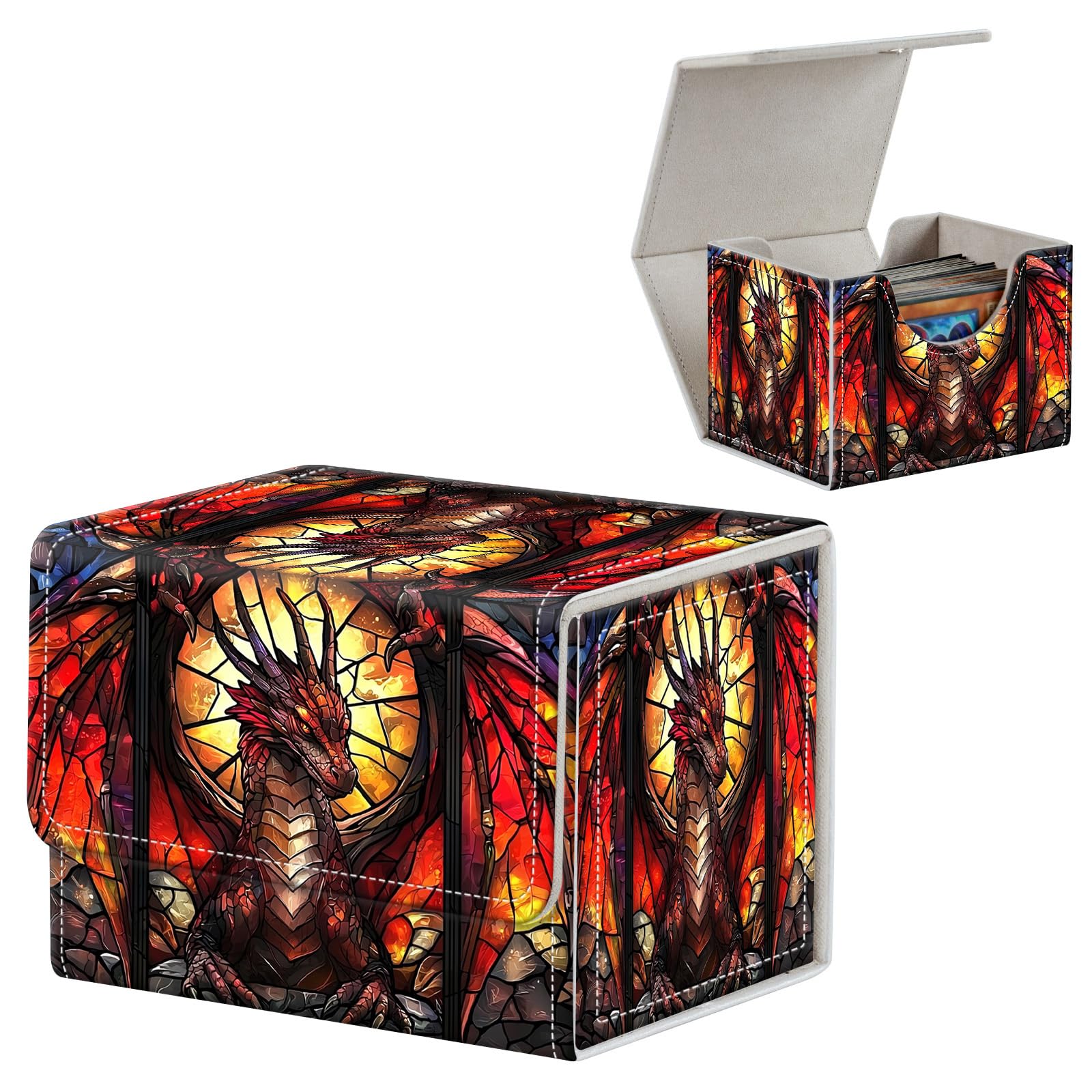 FUYOCWE Card Deck Box,MTG Commander Deck Box 100+ Double Sleeved Cards Storage,Magnetic Snap Leather Trading Card Case Oragnizer for TCG/CCG/Magic/Sports Cards-dragon vector art