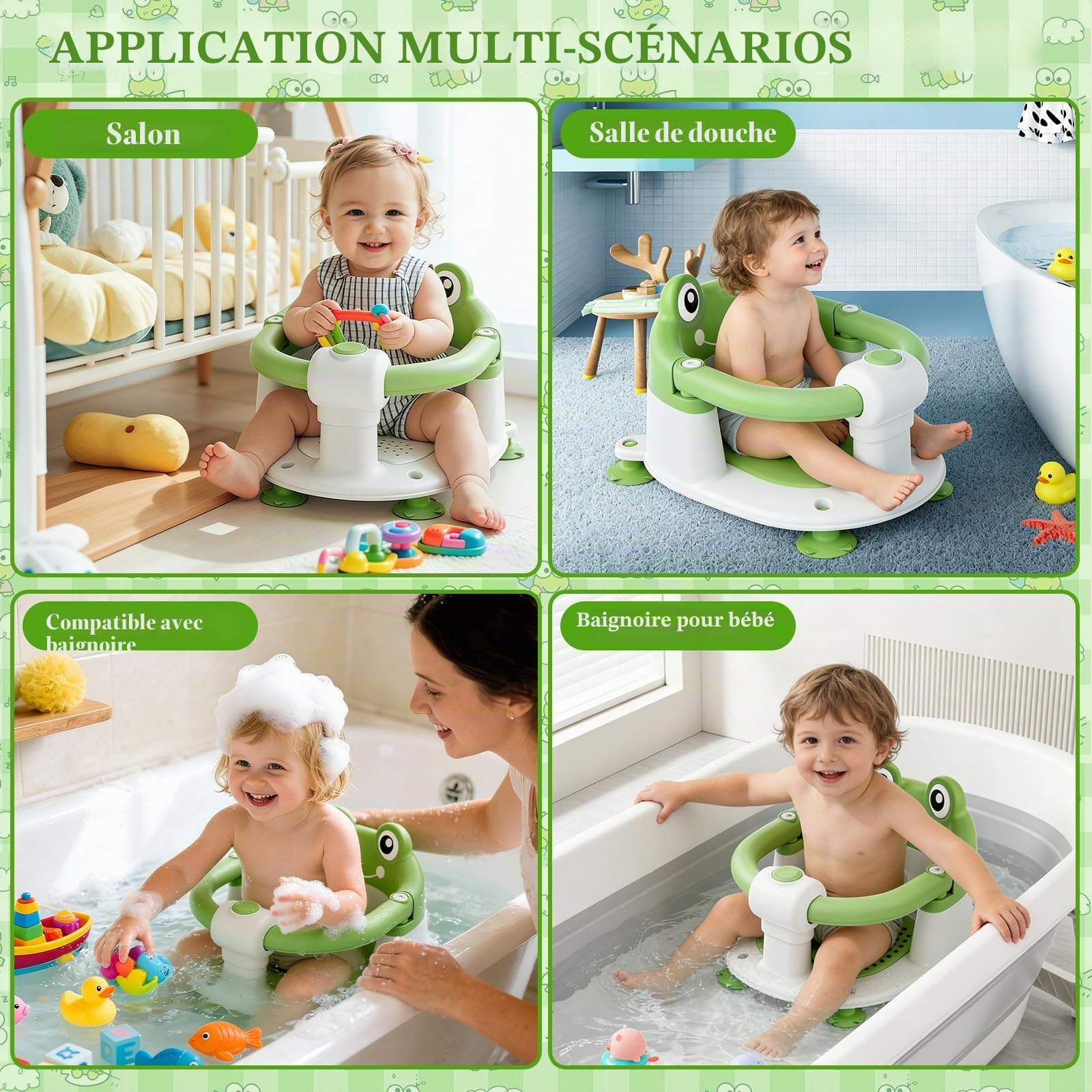 Siege Bain Bebe,SièGe de Bain pour BéBé,Siège de Bain Bébé,Anneau de Bain Bebe,Siège de Bain avec 4 Ventouses et Coussin,Chaise de Bain Portable et Sûre pour la Douche ou le Bain - Vert