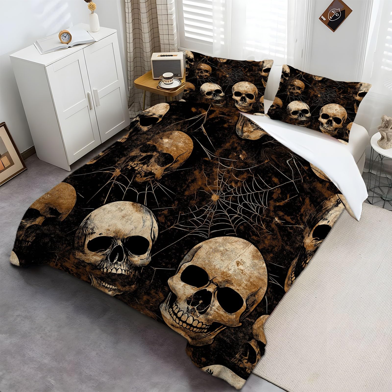 Zestaw pościeli 200 x 220 cm, motyw Halloween, motyw trupiej czaszki, sieć pajęczyna, miękka poszewka na kołdrę wysokiej jakości hotelowa, hipoalergiczna poszewka na kołdrę do pokoju dziecięcego