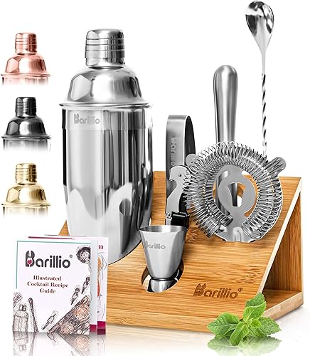 Miniatura 7 de Barillio Gold Bartender Kit – Juego de coctelera de acero inoxidable con soporte de bambú – Herramientas de barra de mixología con coctelera, Dorado