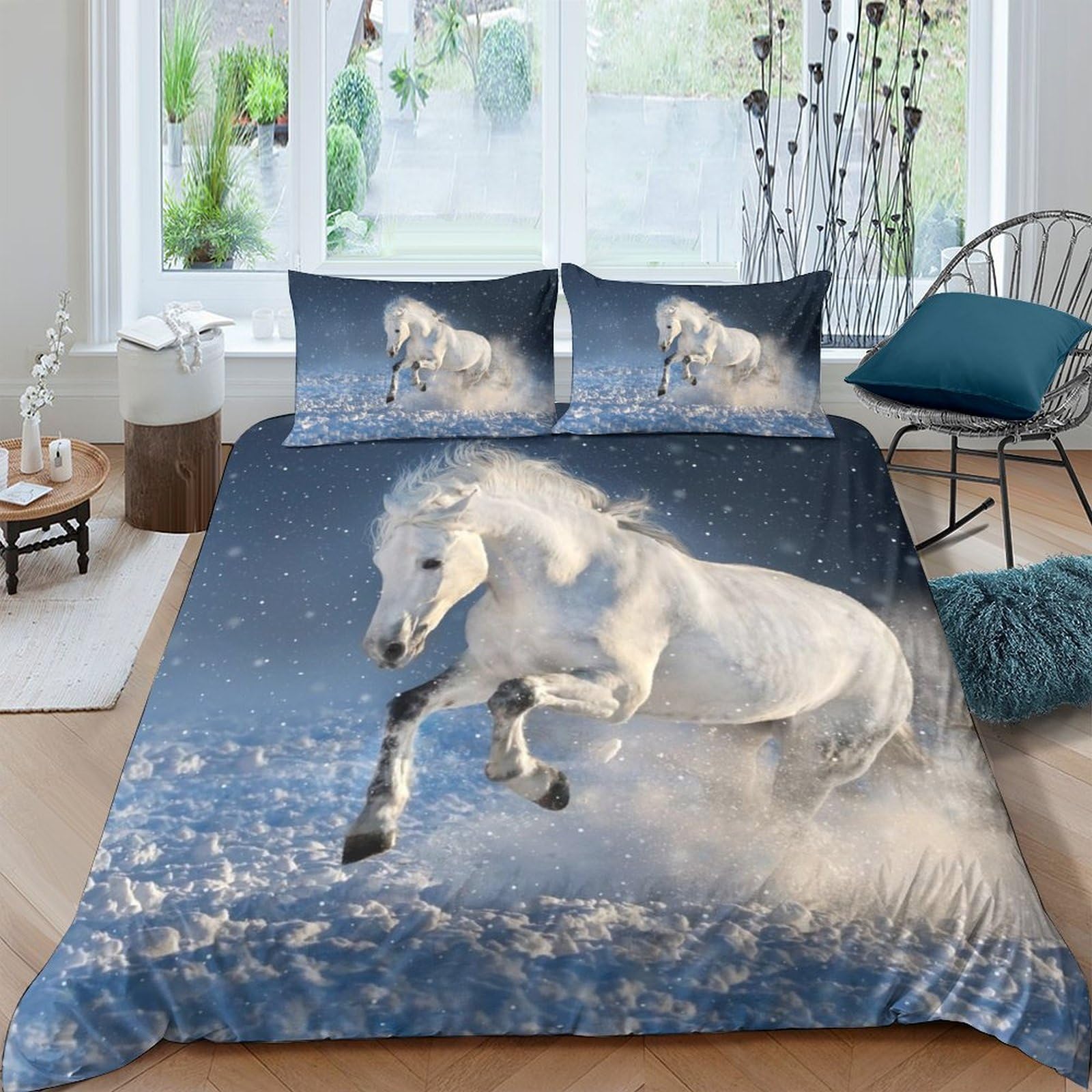 GPLZQXKJNH 3D Printed White Horse Duvet Cover Microfiber Soft Breathable Blue Sky Quilt Cover Set with 2 Pillowcases for Bedroom Decor Single（135x200cm）