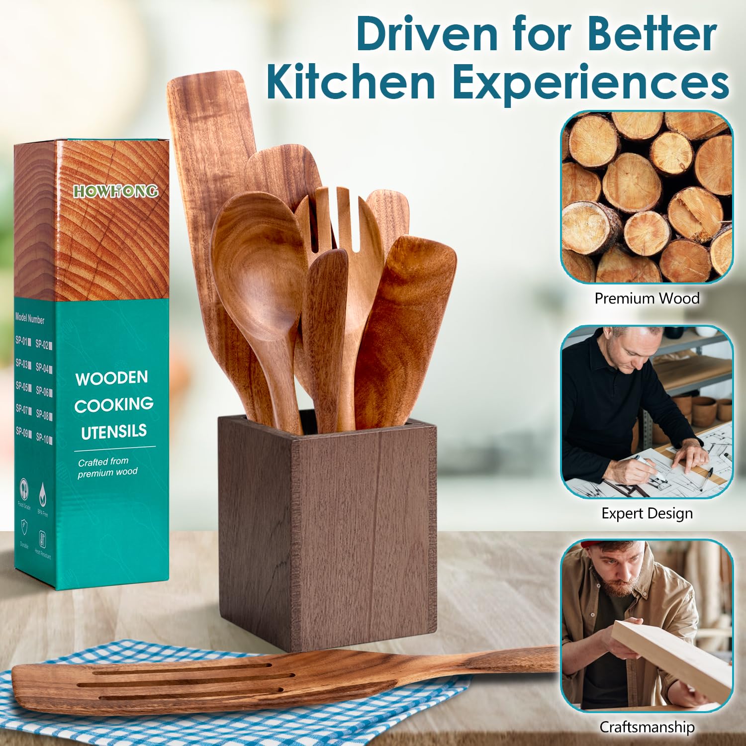 Howhong Premium Holz-Schildkröten-Set von Howhong, Küchenhelfer, 8-teiliges Kochutensilien-Set aus Holz, Antihaft-Kochutensilien-Set zum Mischen, Rühren und Servieren