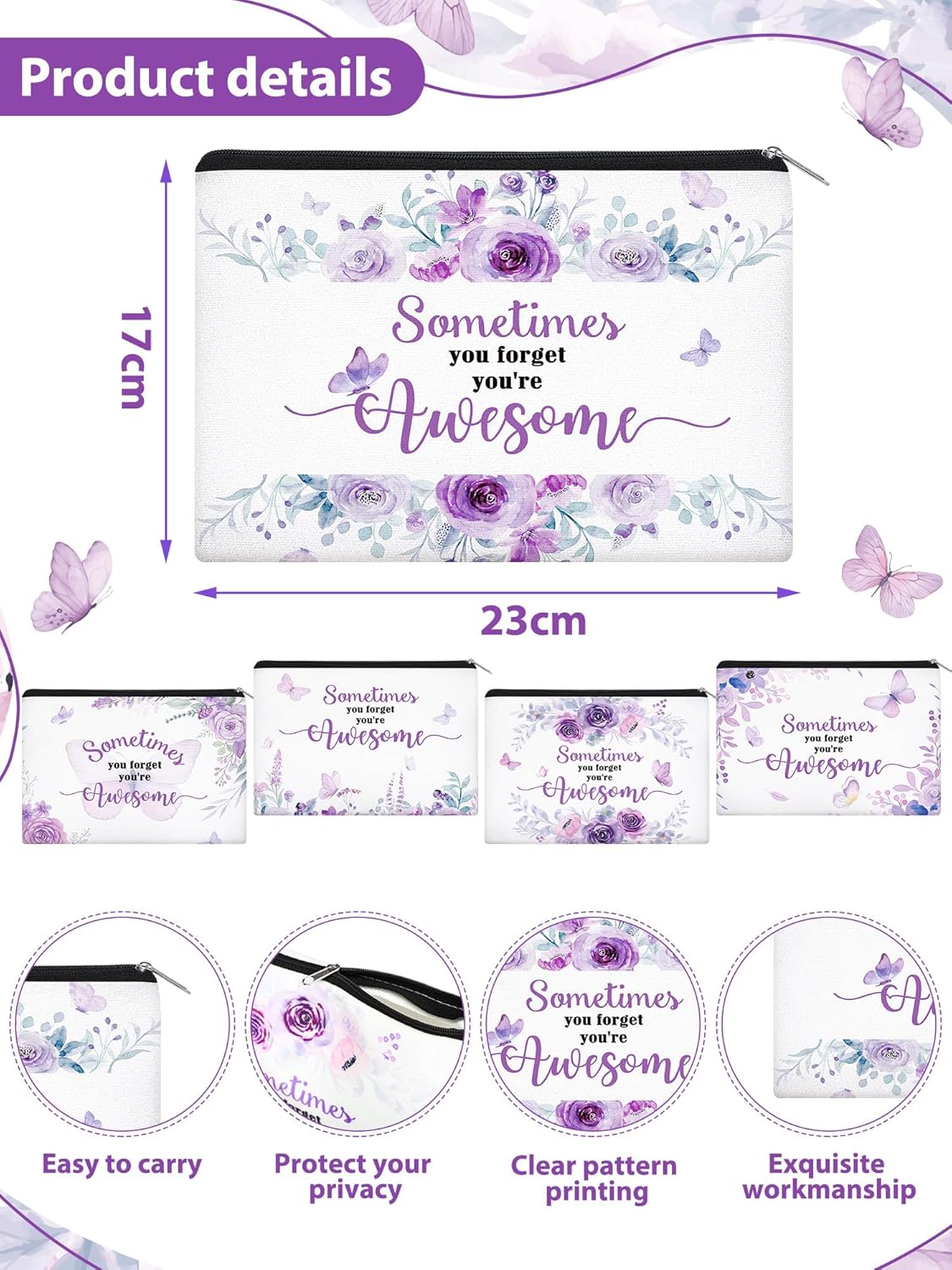 Shinylin 10 Pcs/5 Sets Teacher Appreciation Gifts Bulk Purple Butterfly Tote Bag and Makeup Bag Set Employee Appreciation Gifts Bulk You're Awesome Presents for Teacher Nurse Women Worker
