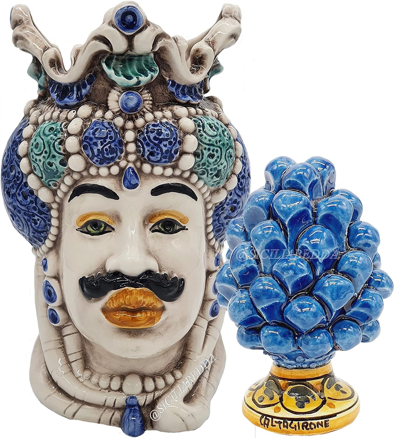 Sicilia Bedda - TESTA DI MORO SICILIANA con PIGNA PIEDE DECORATO in Ceramica di CALTAGIRONE - Altezza Testa h 18 - Altezza Pigna 12 Cm (Uomo con Pigna, Blu)