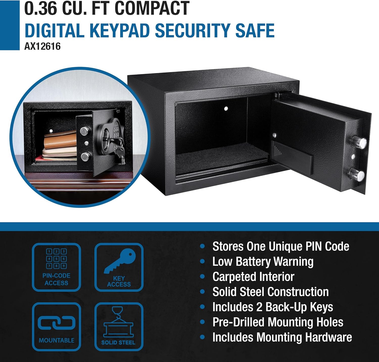 Barska 0.36 Cubic Foot Compact Digital Keypad Safe – Solid Steel Security Lock Box with Quick Access PIN Code, Dual Steel Deadbolts & Backup Keys for Home or Office Use