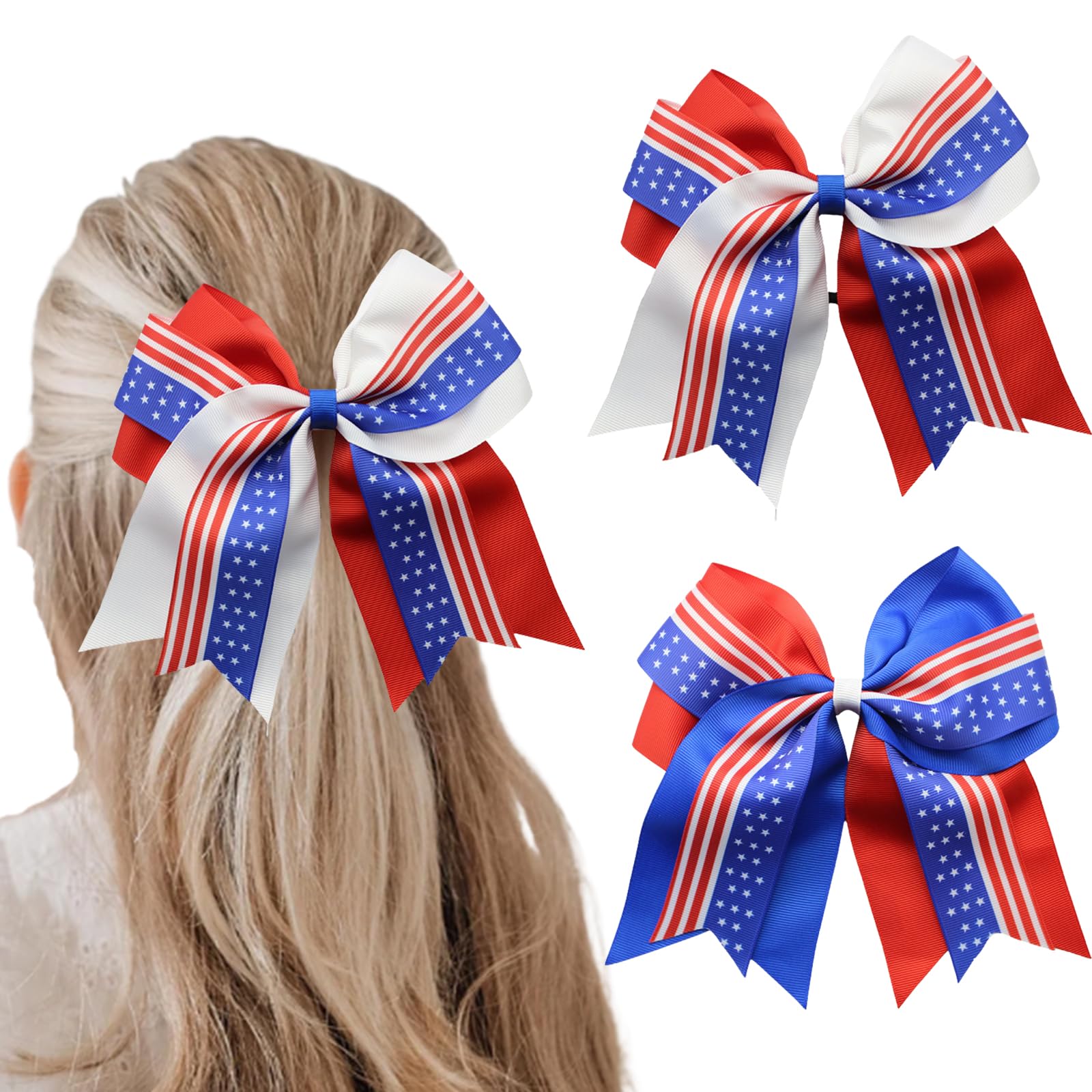 DIUEWOW 2 Pack Hair Ties, American Flag 8 Inch Hair Ties, Independence Day 4th of July Cheer Bows, Red White Blue Star Patriotic Memorial Day Ribbon