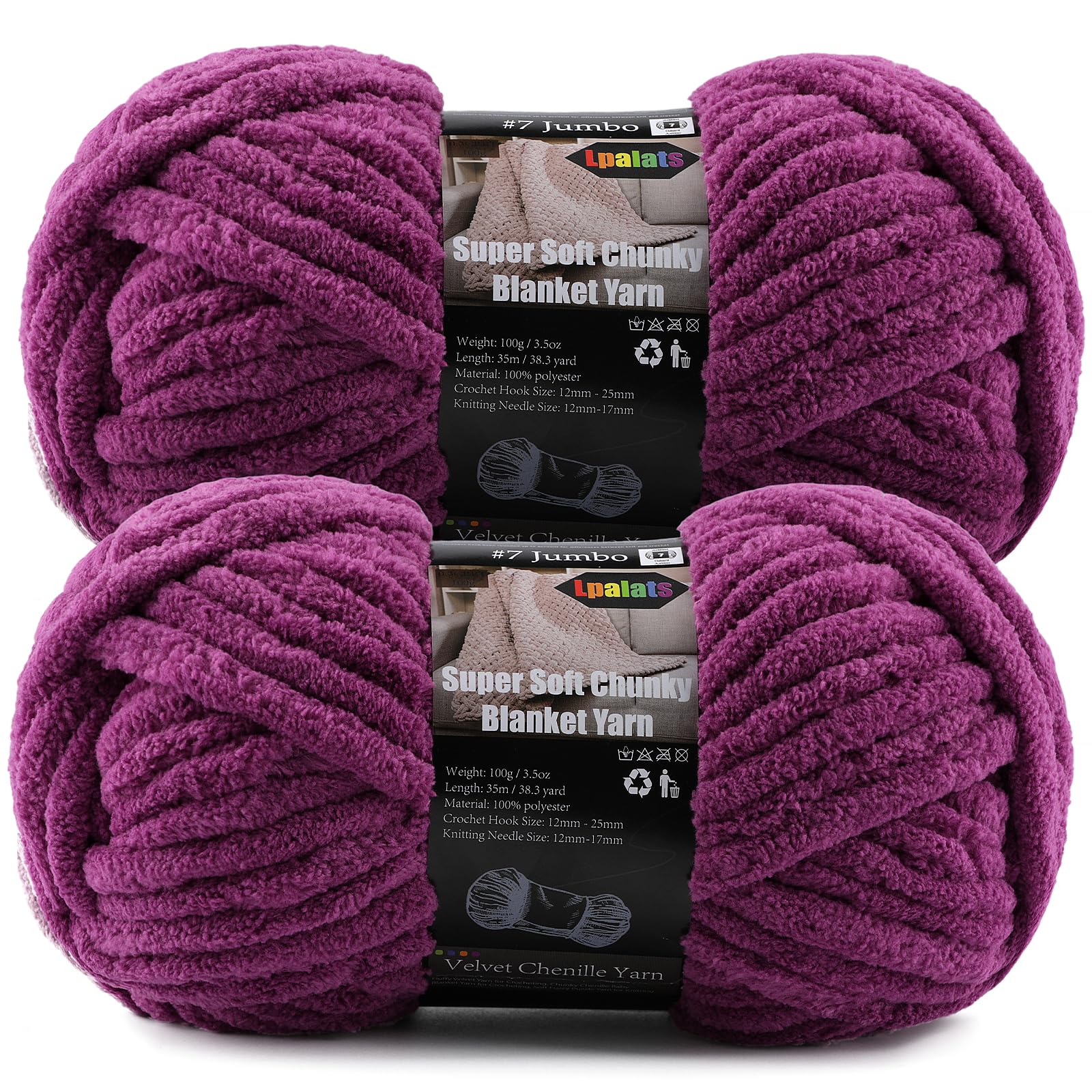 2-Pack Super Soft Chunky Yarn for Crocheting Blankets - 7oz/76.4yd Total, Thick &amp; Plush Chenille Yarn for Quick Baby Projects, Amigurumi, Scarves, Violet