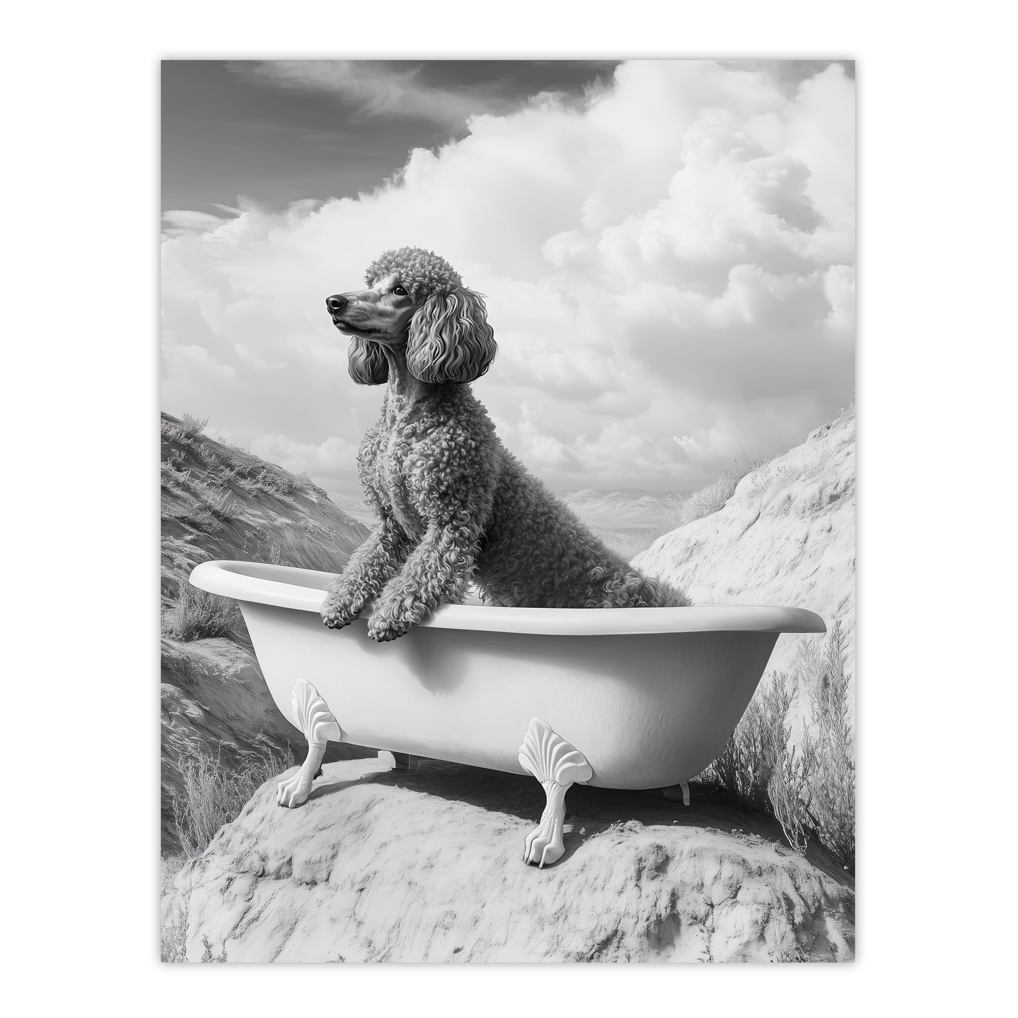 Artery8 Surreal Dog Lover Black White Poodle in Bathtub Bathroom Toilet Extra Large XL Wall Art Poster Print