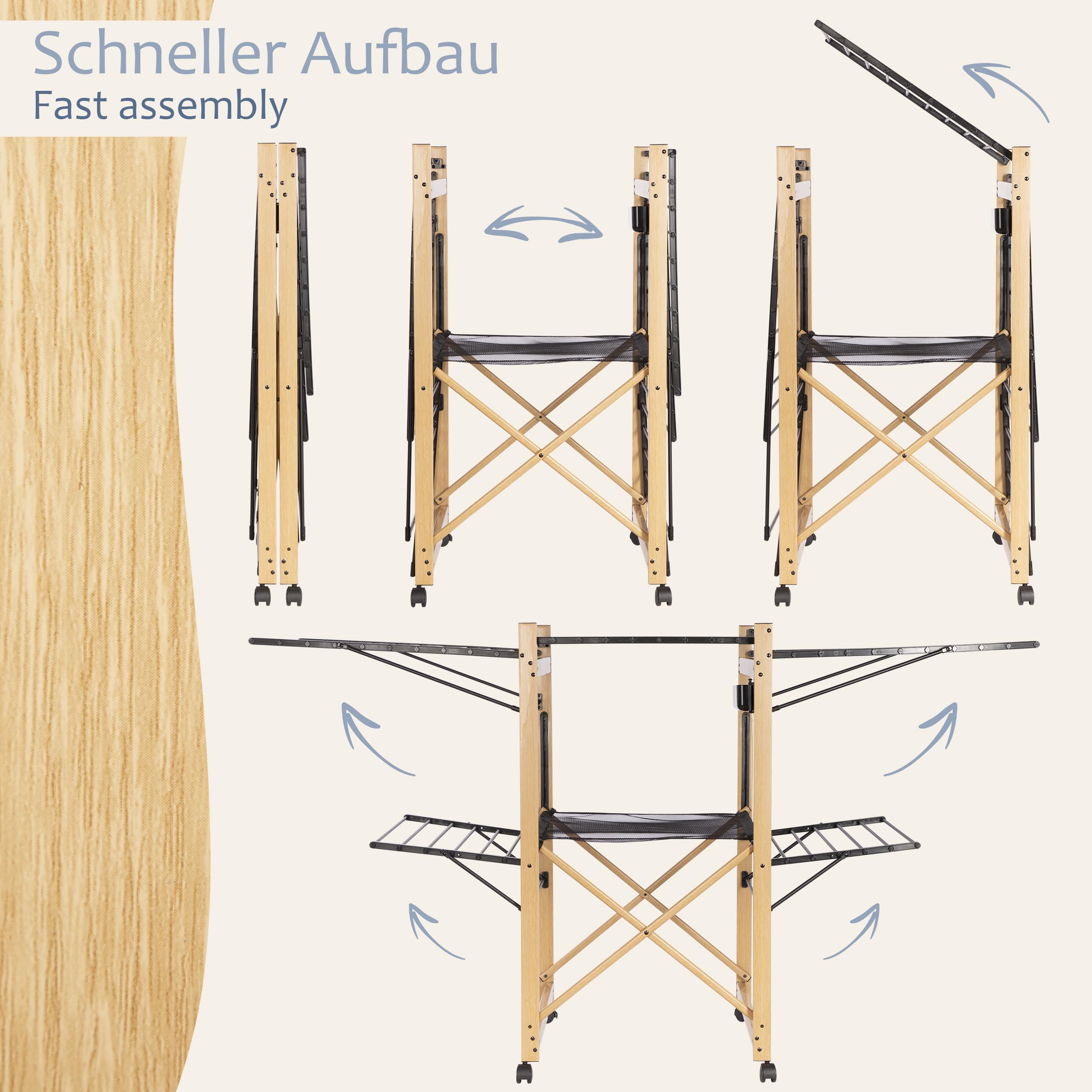 ONVAYA® Faltwäscheständer ǀ Wäscheständer ǀ ausziehbar für Außen- und Innenbereich ǀ inkl. Klammerbox und Netz ǀ platzsparend ǀ Wäscheturm ǀ Holzoptik ǀ Flügelwäschetrockner mit Rollen