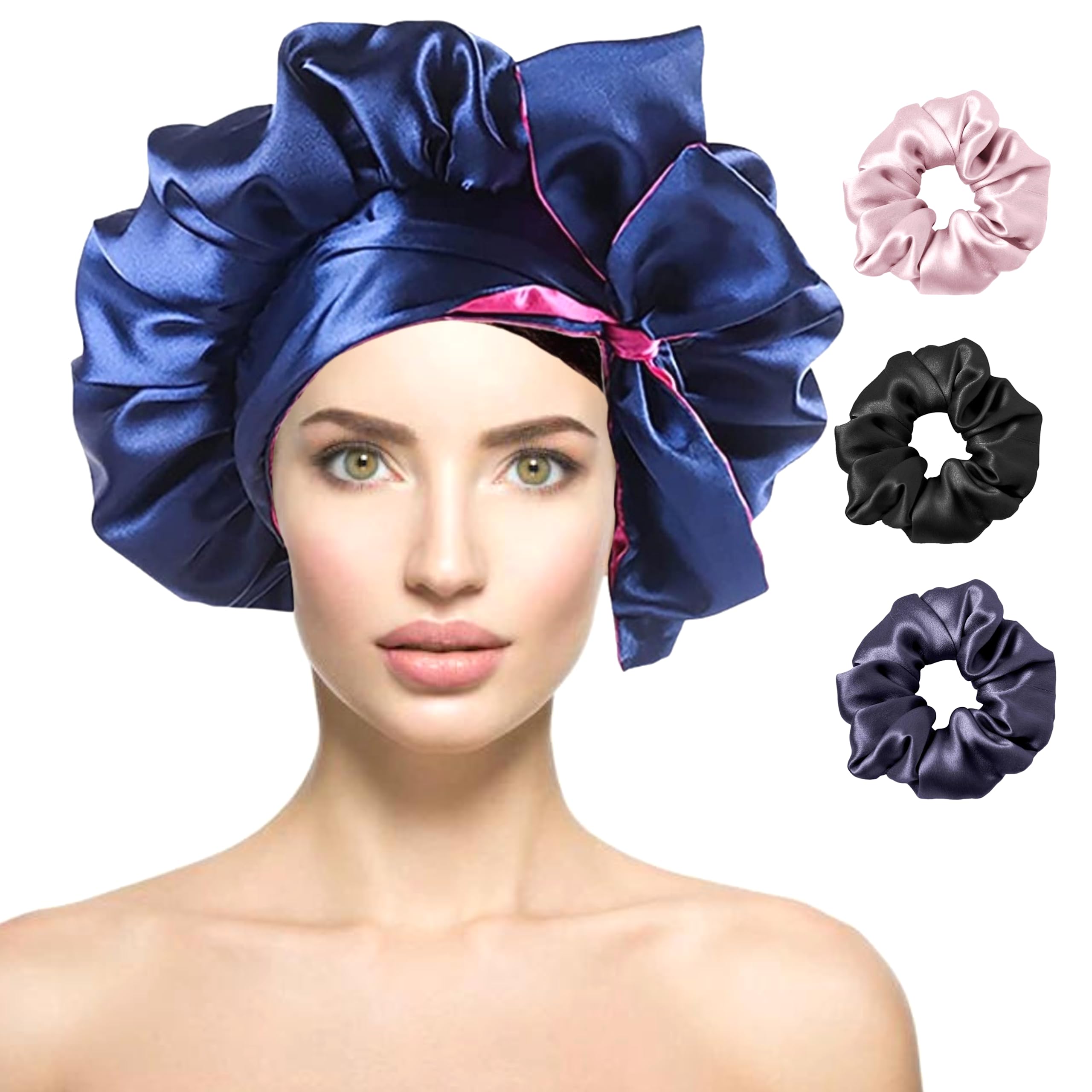 Attune� Satin Silk Bonnet for Hair with 3 Premium Scrunch Satin Hair Wrap with Ribbon (Blue) ies |-picture-30