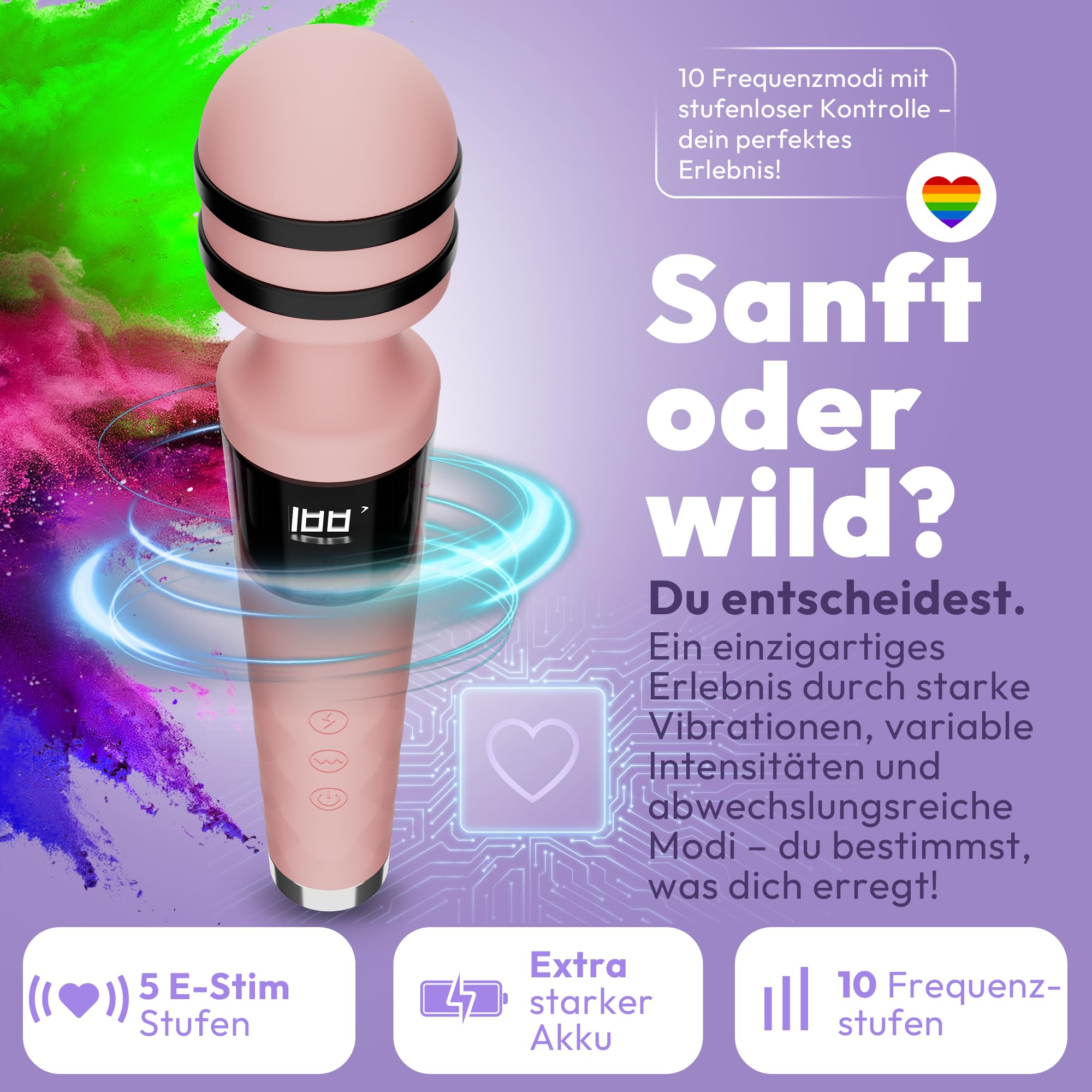 Magic Wand Vibrator – Massagestab für Frauen & Paare, mit 5 E-Stim-Stufen & 10 Vibrationsmodi, kabellos, Silikonkopf, leise & wasserabweisend, 24 cm