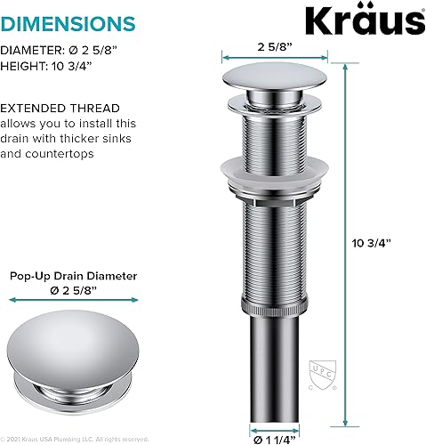 Miniatura 30 de KRAUS Desagüe emergente para lavabo de baño con rosca extendida para encimeras más gruesas y fregaderos de vidrio en acero inoxidable sin manchas